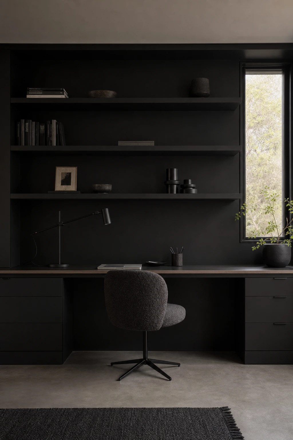 Black minimalist home office with a built in desk spanning the full wall, painted in Farrow and Ball Off Black, with open shelving, concrete floor and matte black task lighting