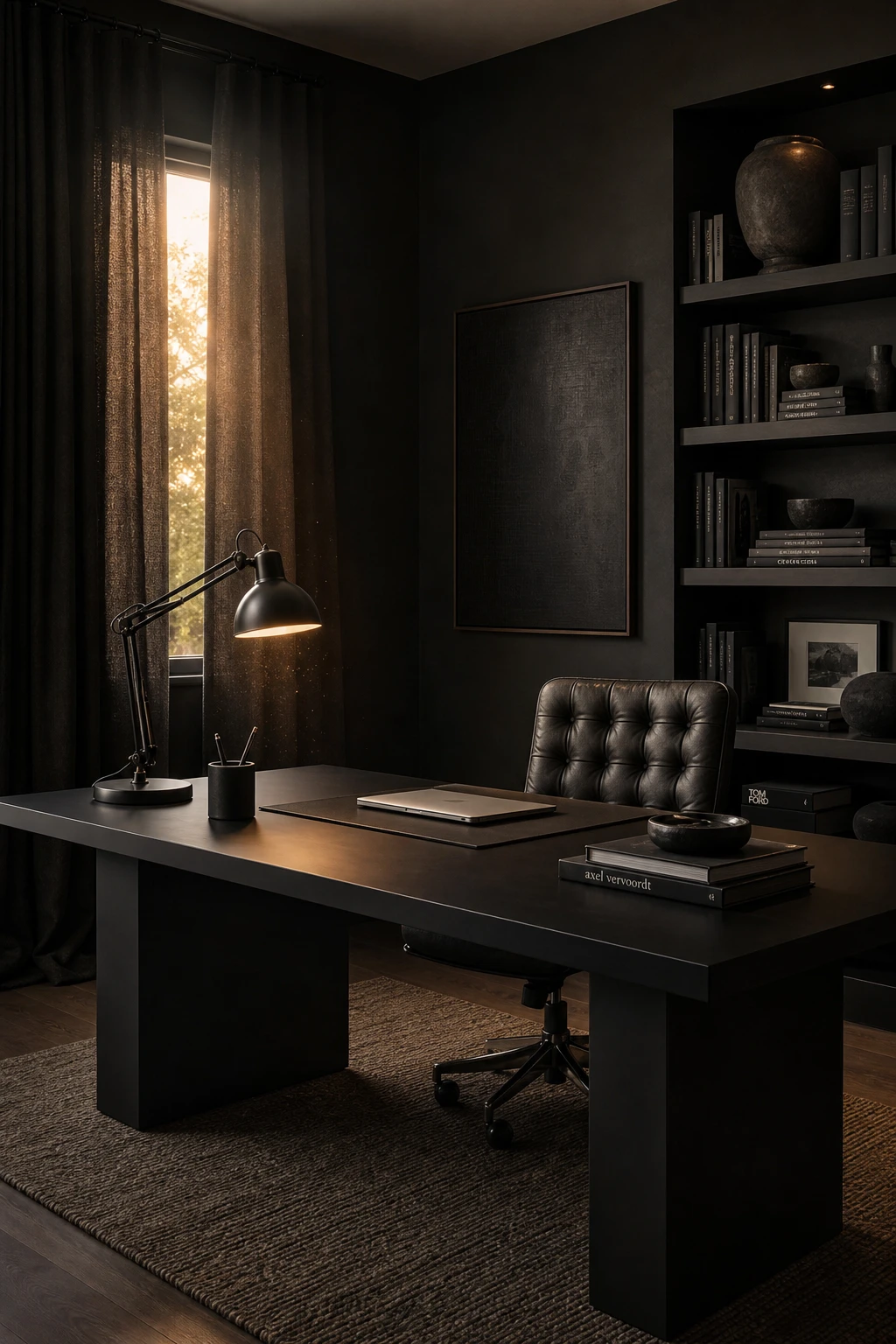Black minimalist home office with a dark moody desk setup, deep charcoal walls, matte black furniture, warm Edison bulb lighting and rich textured surfaces