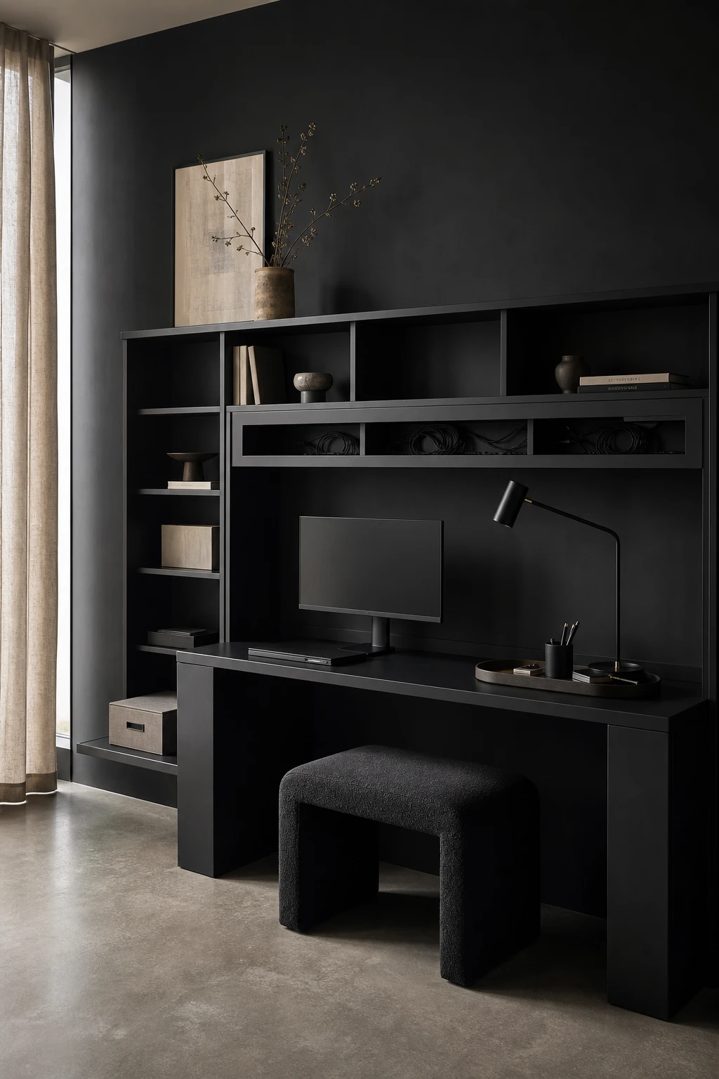 Black minimalist home office with a desk with hutch as the hero, open shelves, cable management, matte black hardware, and Farrow and Ball Liquorice painted walls