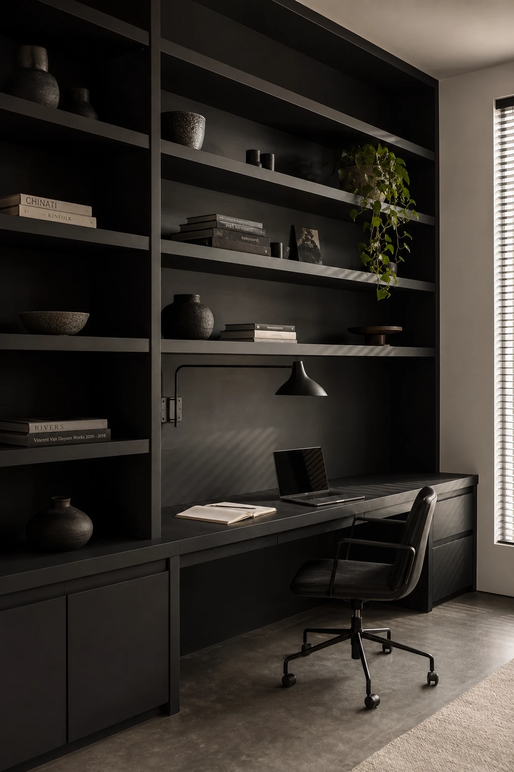 Black minimalist home office with a floor to ceiling bookshelf and built in desk unit painted in Farrow and Ball Paean Black against a white wall