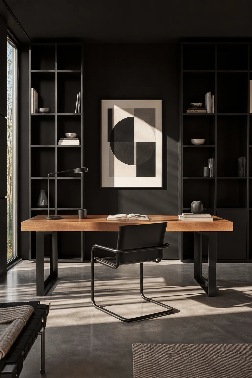Black minimalist home office with Bauhaus lines as the hero, geometric desk and shelving, Farrow and Ball Pitch Black walls, natural side light