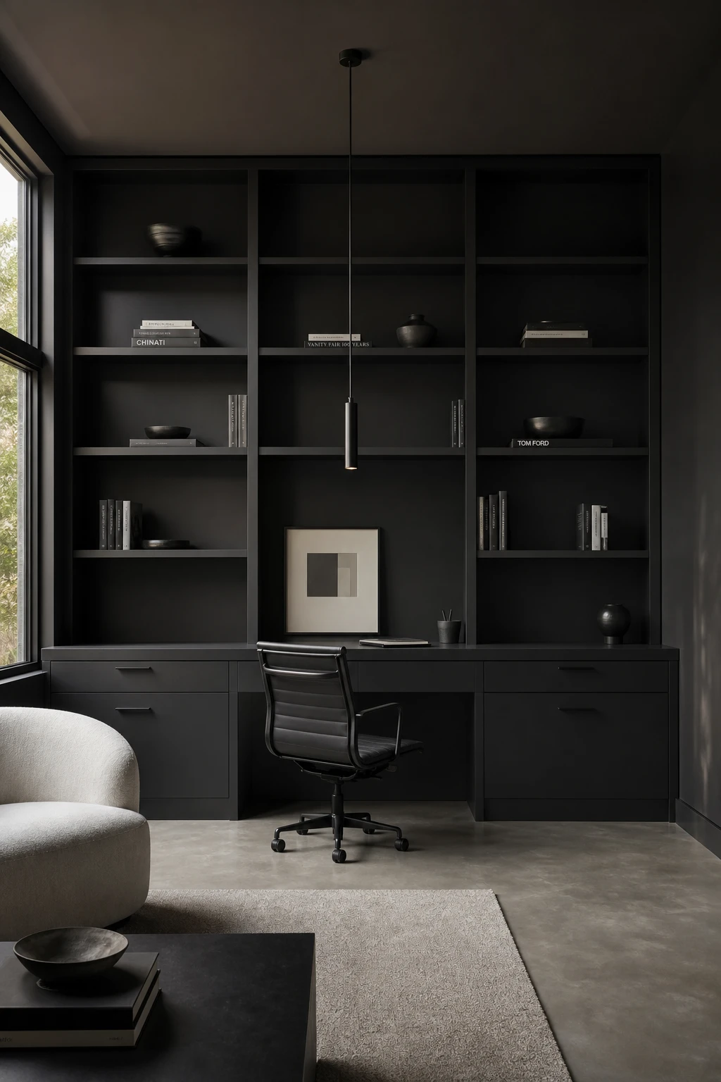 Black minimalist home office with full height black wall unit as hero, open shelving, integrated desk, and Farrow and Ball Liquorice painted walls in soft natural light