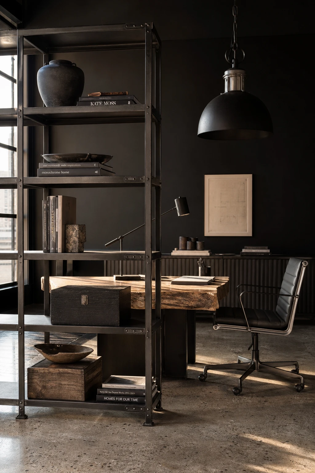 Black minimalist home office with industrial elements including steel shelving, exposed wood desk, and Farrow & Ball Tar painted accent wall bathed in warm afternoon light
