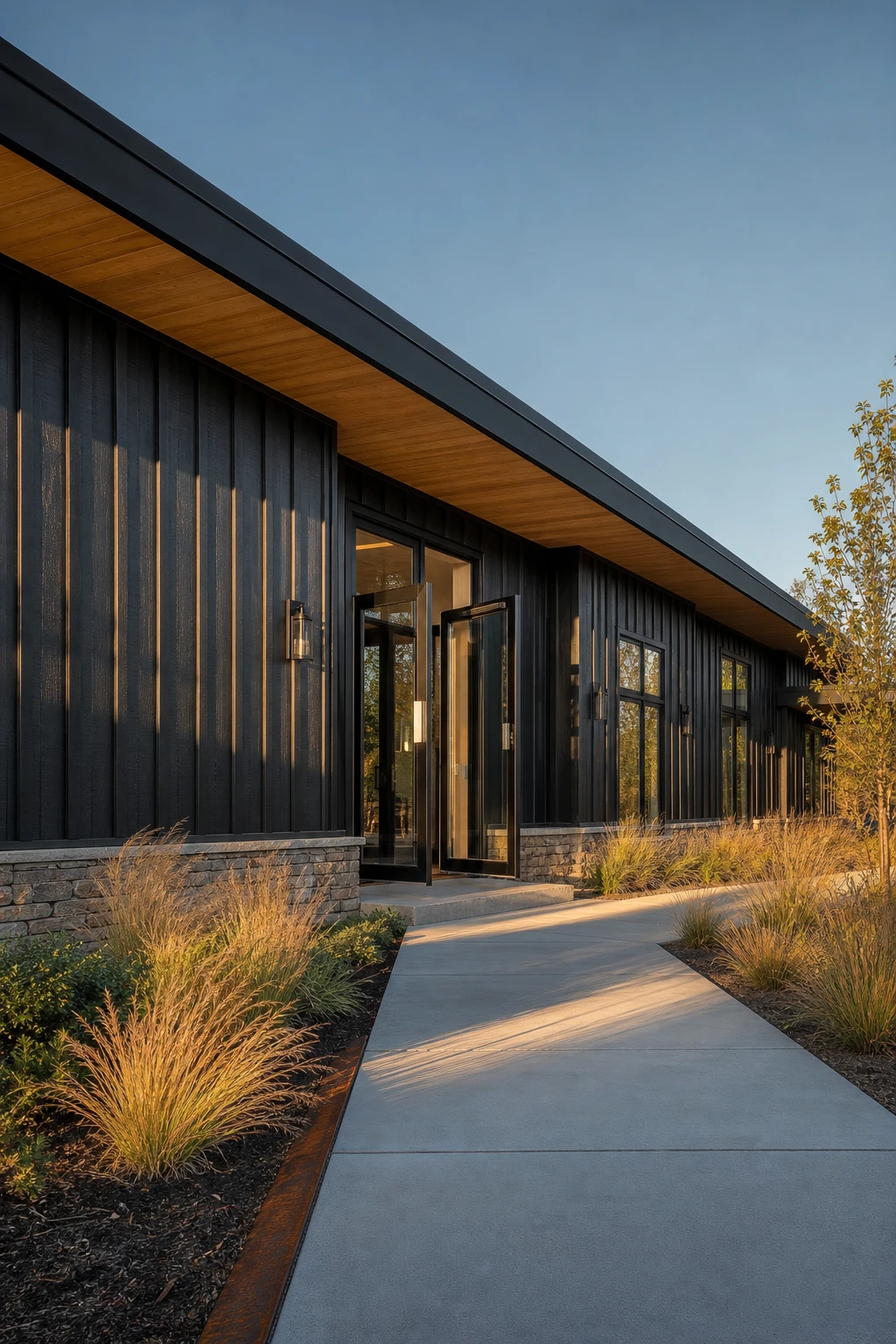 Black Modern Ranch Exterior clad entirely in black board and batten siding with Farrow and Ball Tar paint, warm afternoon side light, wide single storey facade