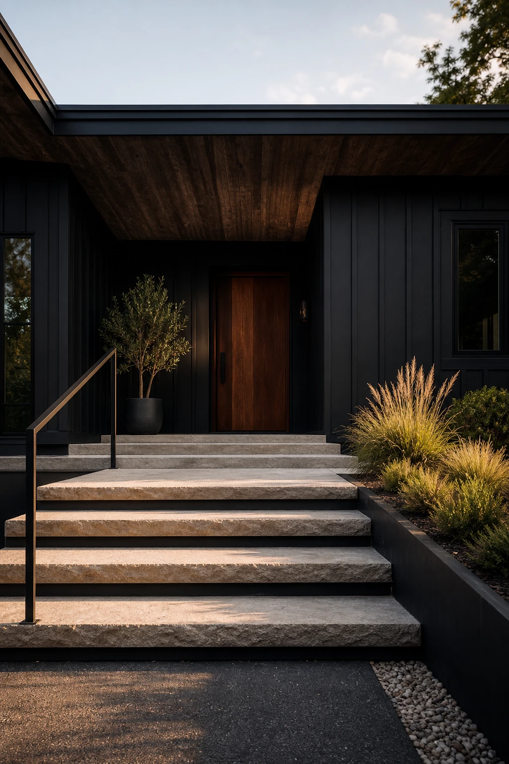 Black modern ranch exterior front steps with wide stone treads, black steel handrail, and Farrow & Ball Paean Black painted risers under warm afternoon light