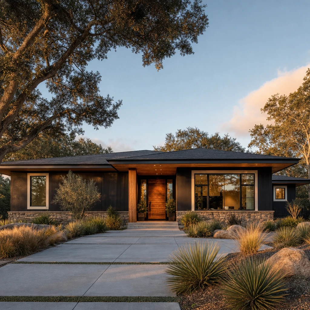 Black modern ranch exterior with smooth stucco and board and batten siding, cedar soffits, a low hip roof, cream trim, and stone base course in warm raking afternoon light.