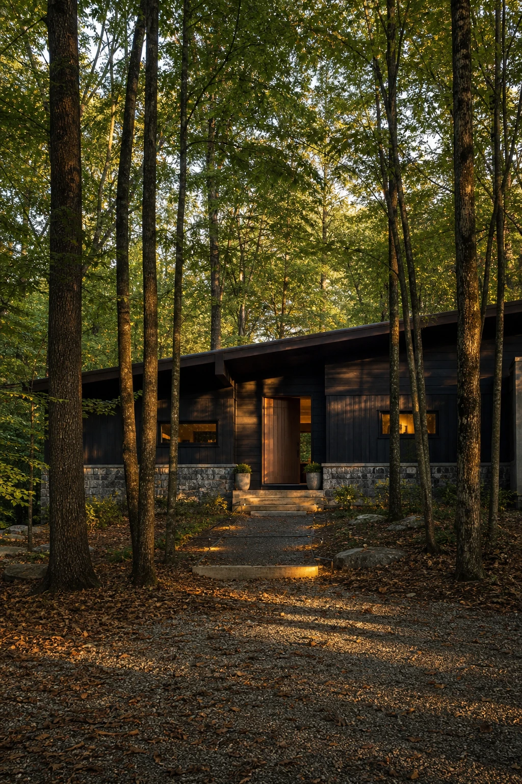Black modern ranch exterior nestled in a dense forest setting with Farrow & Ball Tar painted board and batten siding blending into the surrounding trees