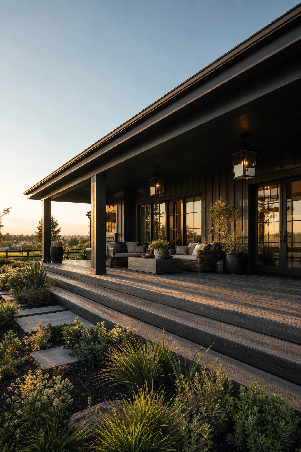 Black Modern Ranch Exterior porch painted Farrow & Ball Off Black with board and batten siding, pendant lanterns, wide plank flooring and timber columns