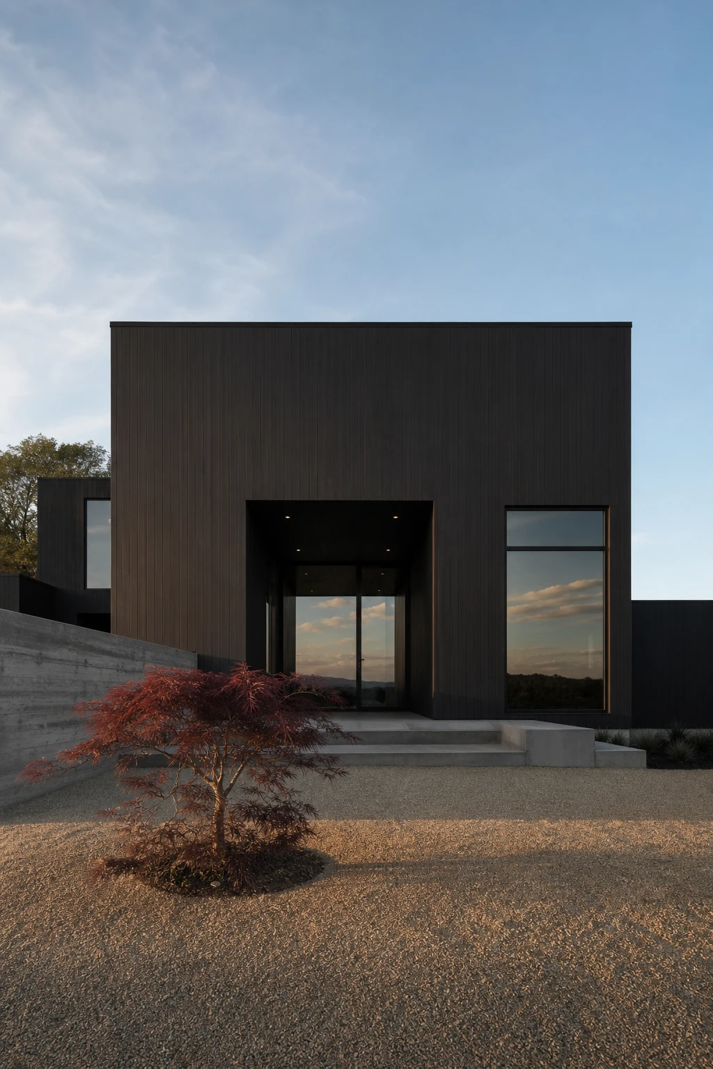 Black Modern Ranch Exterior with a clean box form facade painted Farrow and Ball Off Black, flat roofline, wide horizontal proportions and minimal landscaping