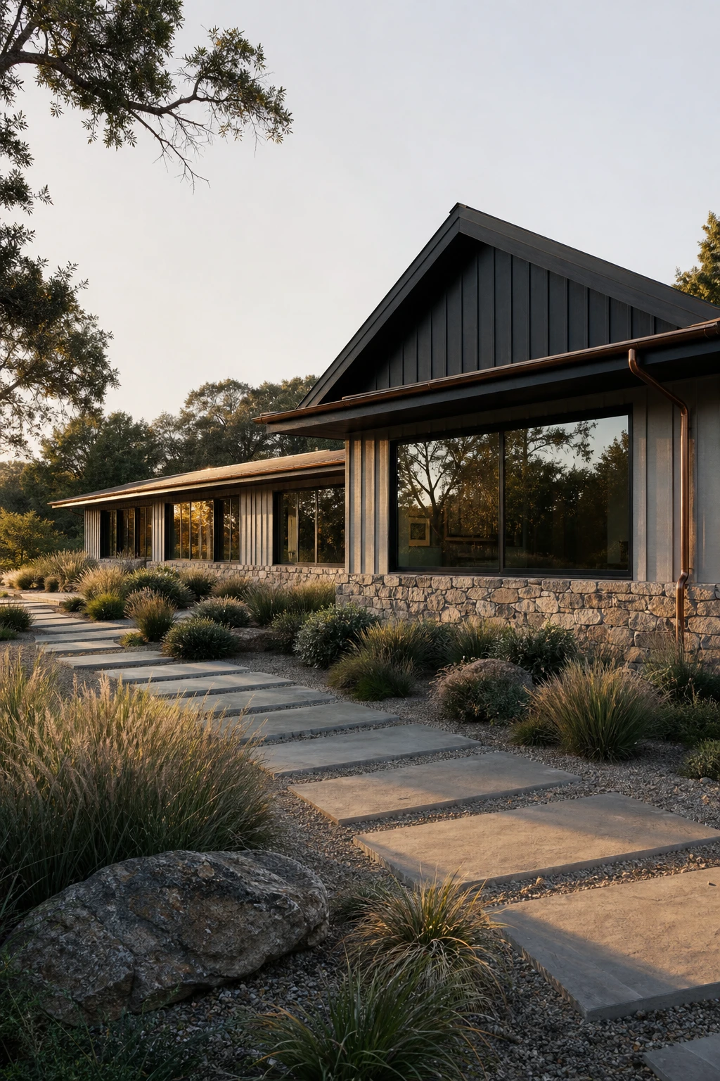 Black Modern Ranch Exterior with a dark painted gable as the hero accent plane anchoring the roofline above a low horizontal facade with natural stone and board and batten cladding