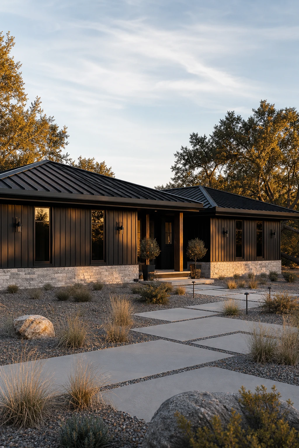 Black modern ranch exterior with a low hip roof as the hero, clad in dark board and batten siding with Farrow and Ball Grate Black paint, wide overhanging eaves, and a stone base