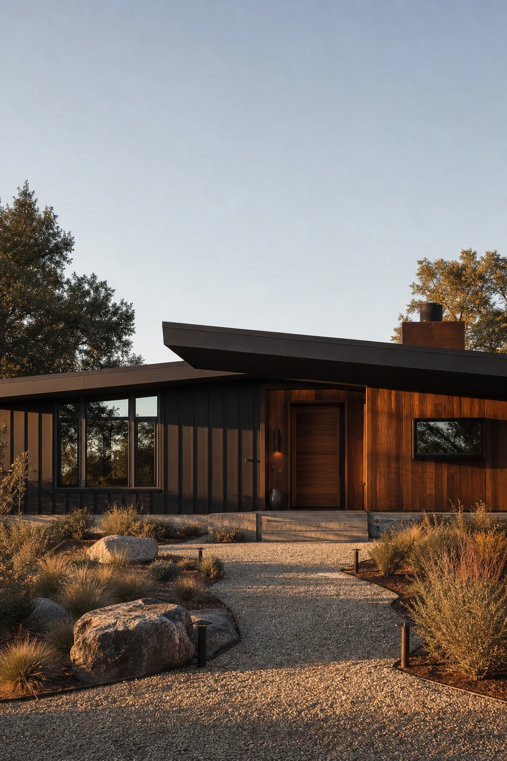 Black Modern Ranch Exterior with black and brown tonal contrast, cedar cladding, wide roofline, and Farrow and Ball Off Black trim under warm afternoon light