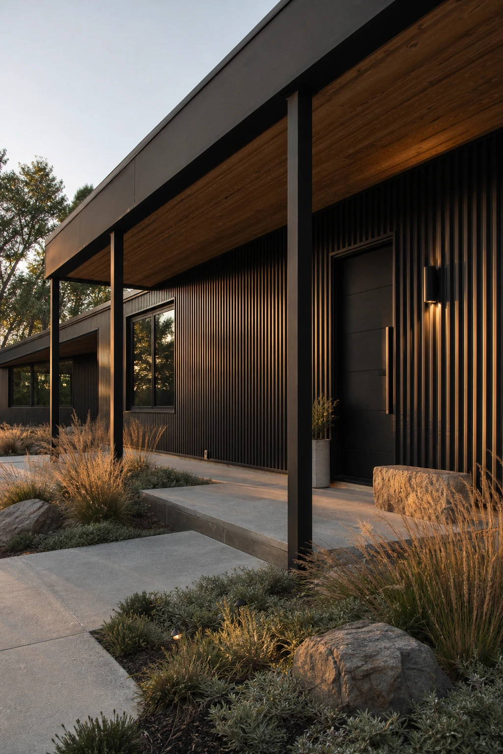Black Modern Ranch Exterior with black metal cladding as hero feature, warm timber accents, Farrow and Ball Bible Black trim, wide low roofline, dusk lighting