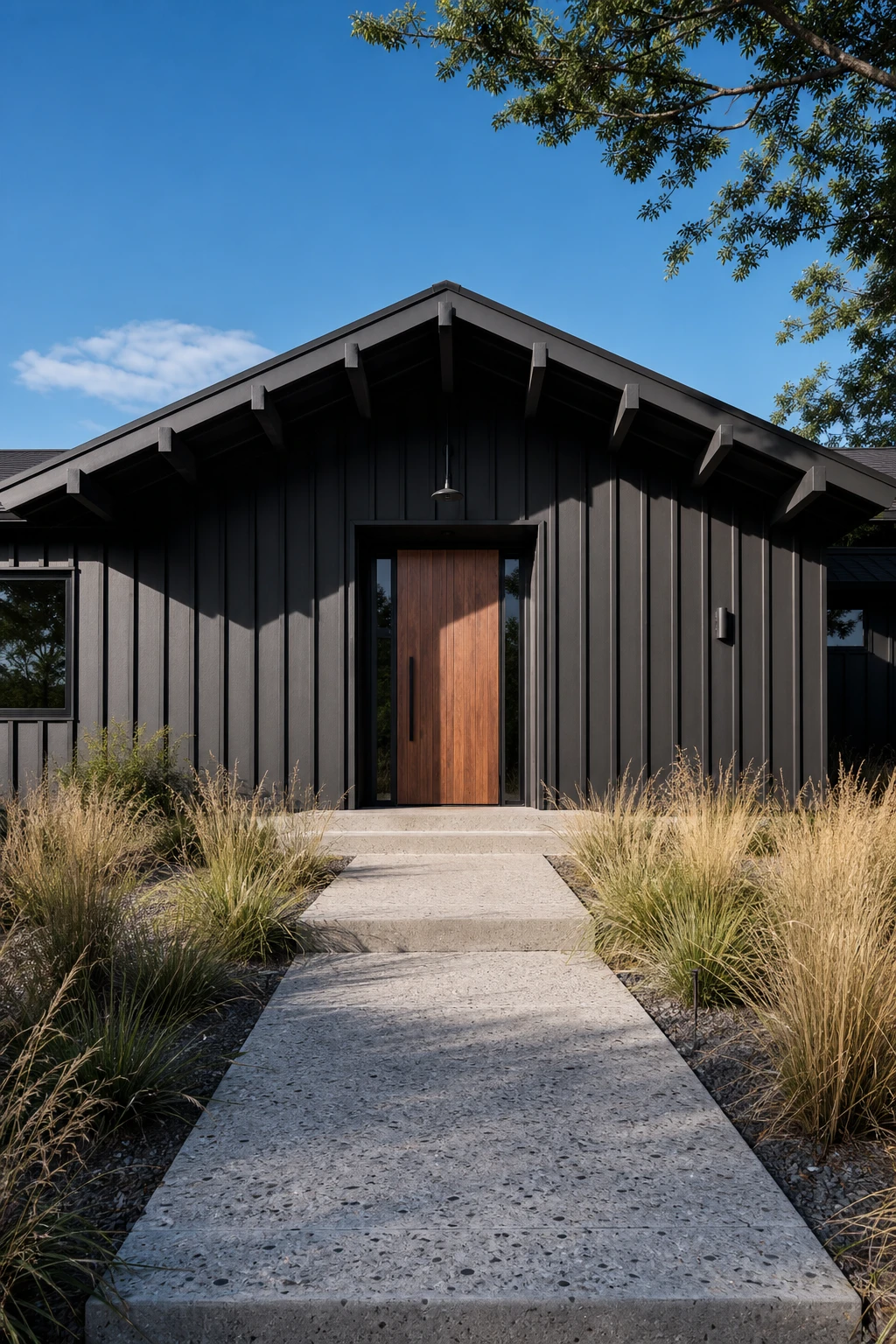 Black modern ranch exterior with bold board and batten siding in Farrow and Ball Grate Black, vertical lines drawing the eye upward under bright midday sun