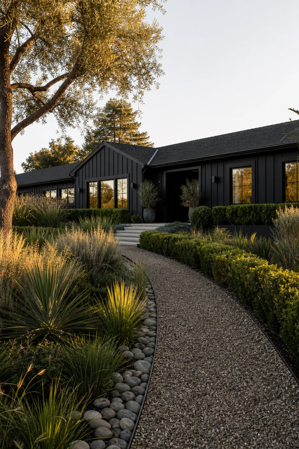 Black modern ranch exterior with bold landscaping of ornamental grasses, low hedges, and native shrubs framing a Farrow and Ball Pitch Black facade at golden hour