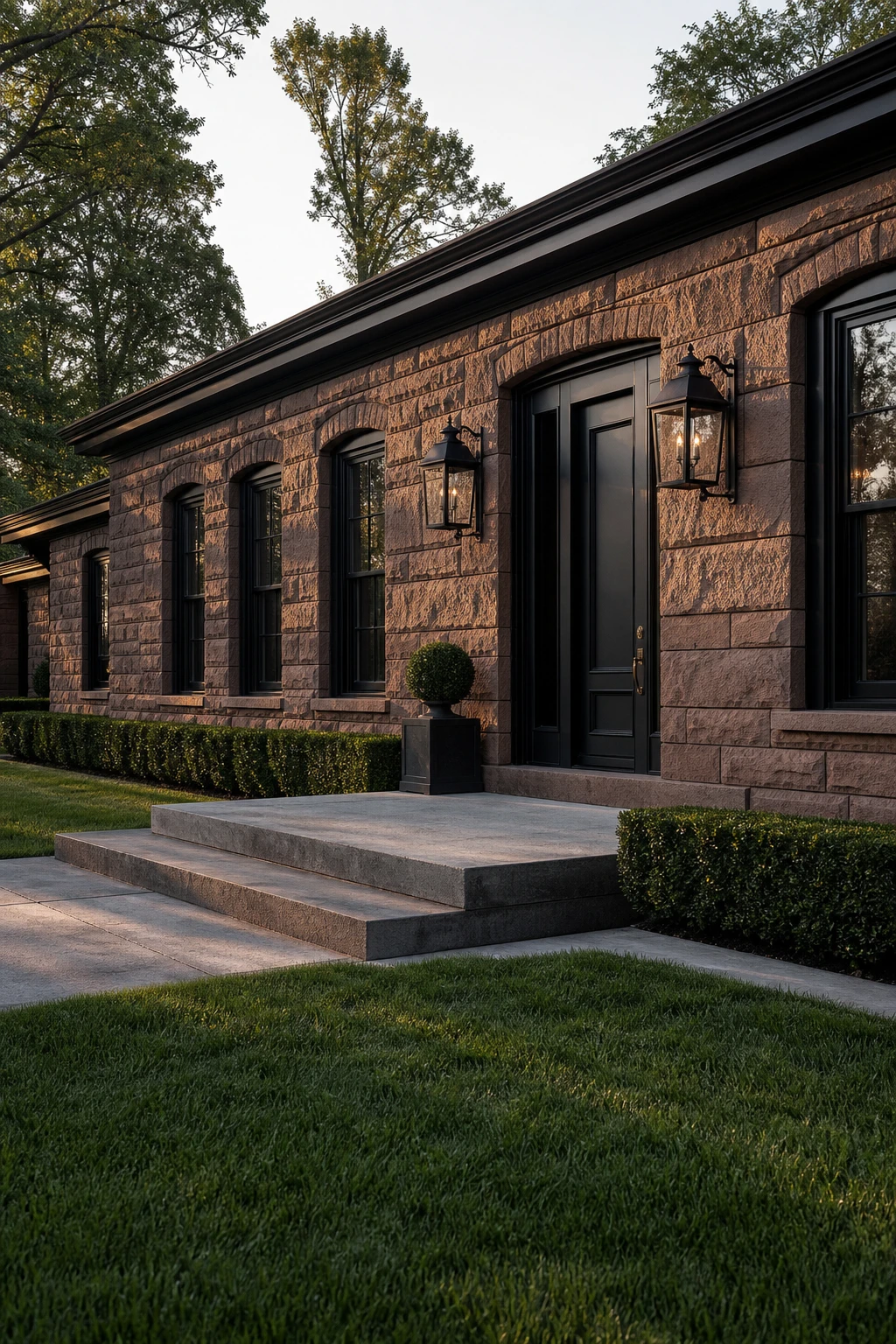 Black Modern Ranch Exterior with brownstone influence showing rusticated stone cladding, arched window surrounds, Farrow & Ball Pitch Black trim and low horizontal roofline