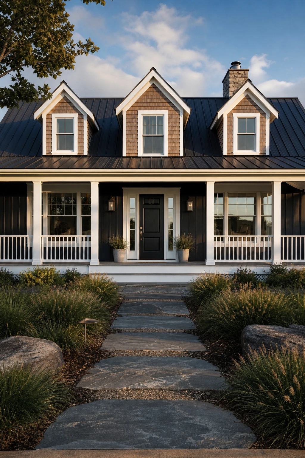 Black Modern Ranch Exterior with Cape Cod Modern detailing, steep roofline, dormer windows, board and batten siding in Farrow and Ball Grate Black, white trim, late afternoon coastal light