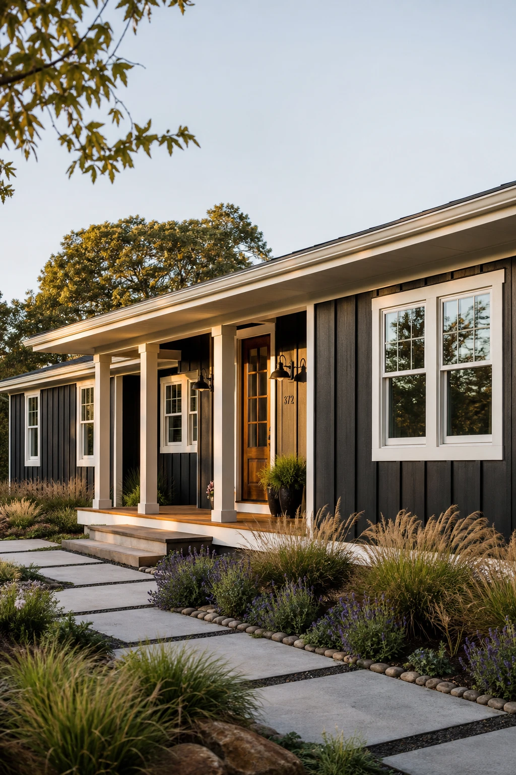 Black modern ranch exterior with cream trim detail, warm white Farrow and Ball Pointing paint on fascia and window surrounds, soft afternoon light