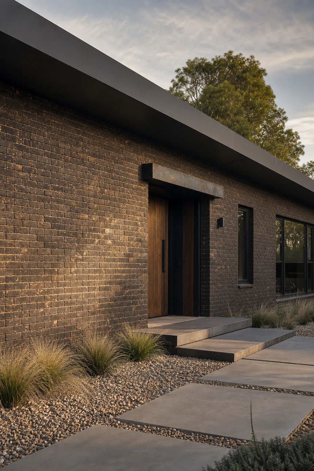 Black Modern Ranch Exterior with dark brick facade, Farrow and Ball Bible Black trim, wide overhanging roofline, and warm afternoon side light