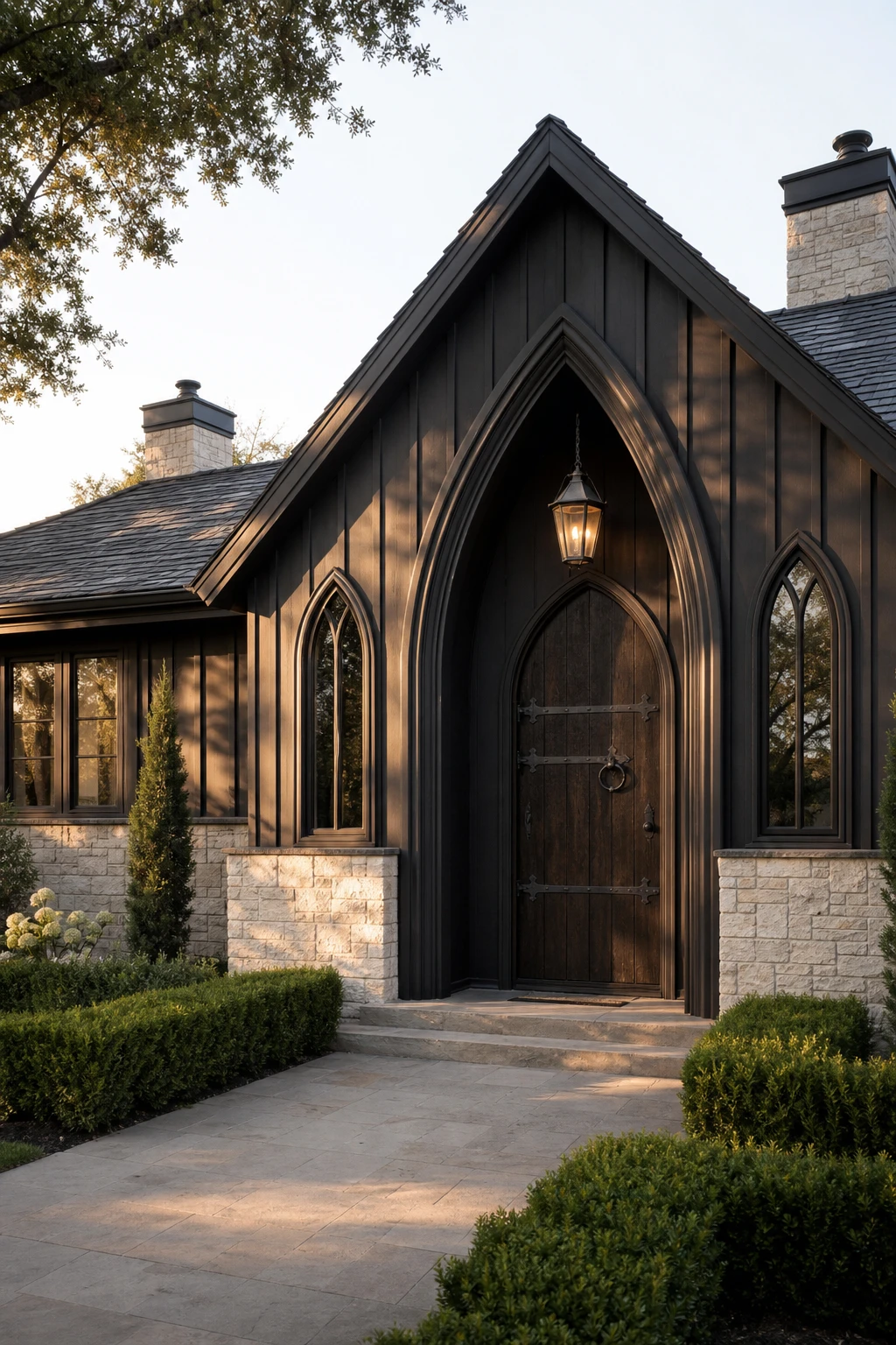 Black Modern Ranch Exterior with Gothic arched entry and pointed trim details painted Farrow and Ball Tar under golden afternoon light
