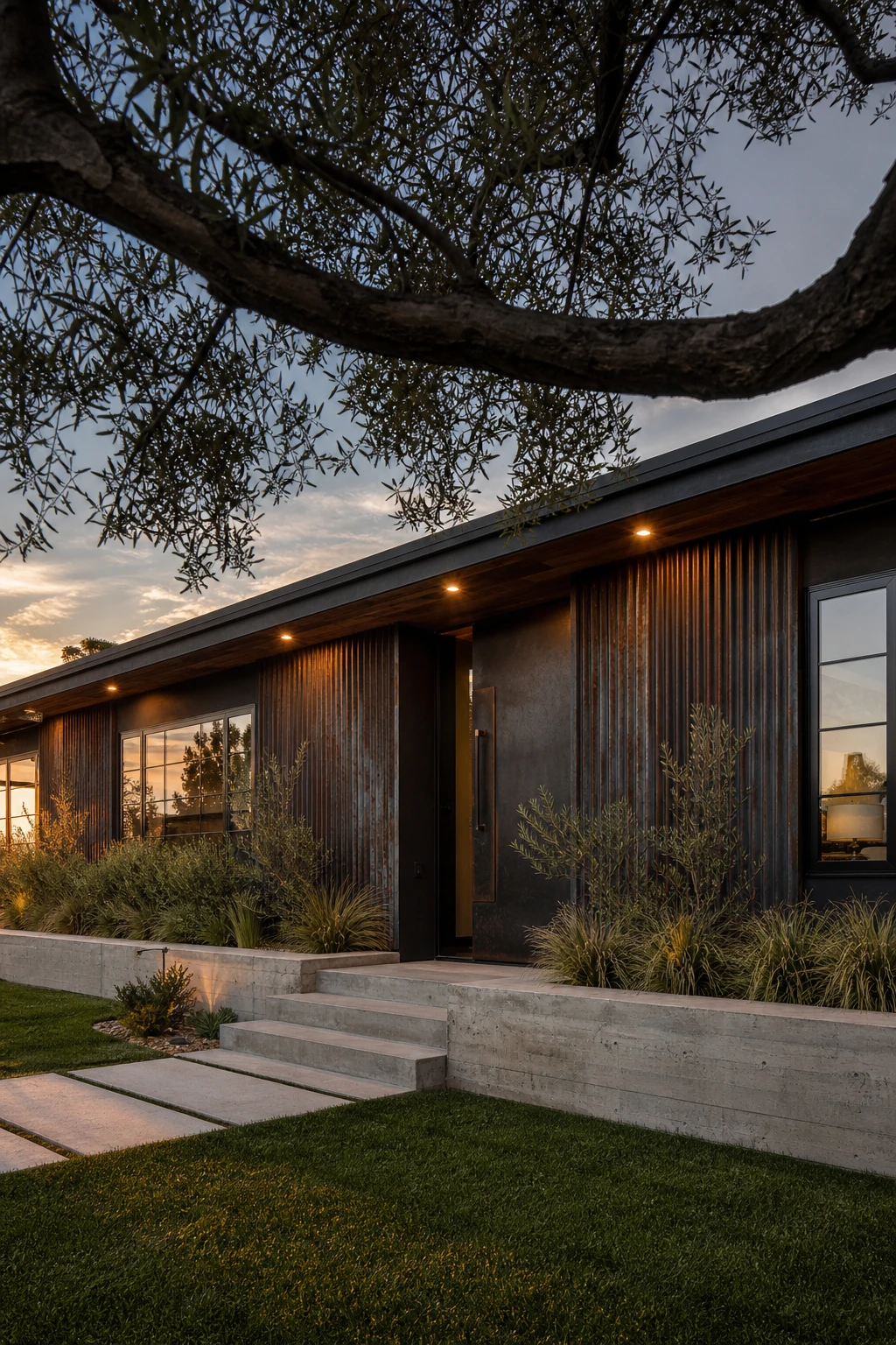 Black Modern Ranch exterior with industrial materials softened by warm lighting and lush planting, showing corrugated metal cladding and steel window frames at dusk