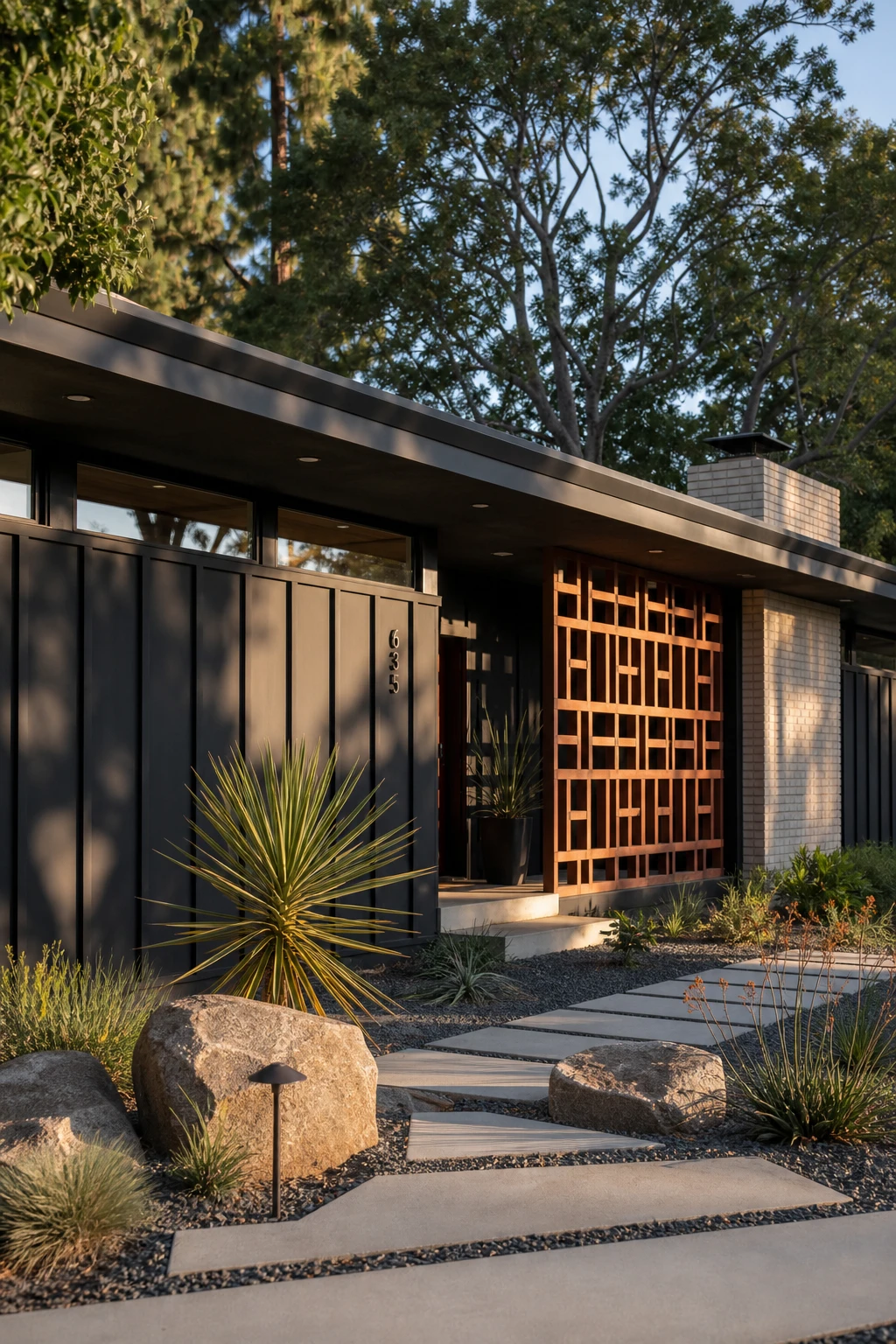 Black Modern Ranch Exterior with midcentury details including wide overhanging eaves, clerestory windows, geometric wood screens and Farrow & Ball Grate Black painted siding