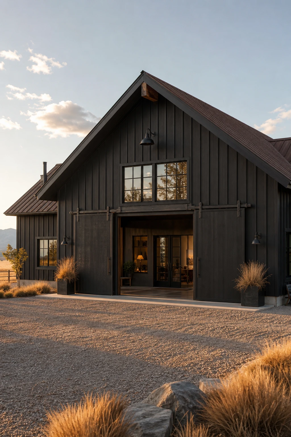 Black Modern Ranch Exterior with pole barn style gabled facade painted Farrow & Ball Liquorice, board and batten cladding, steel roof, and gravel driveway at golden hour