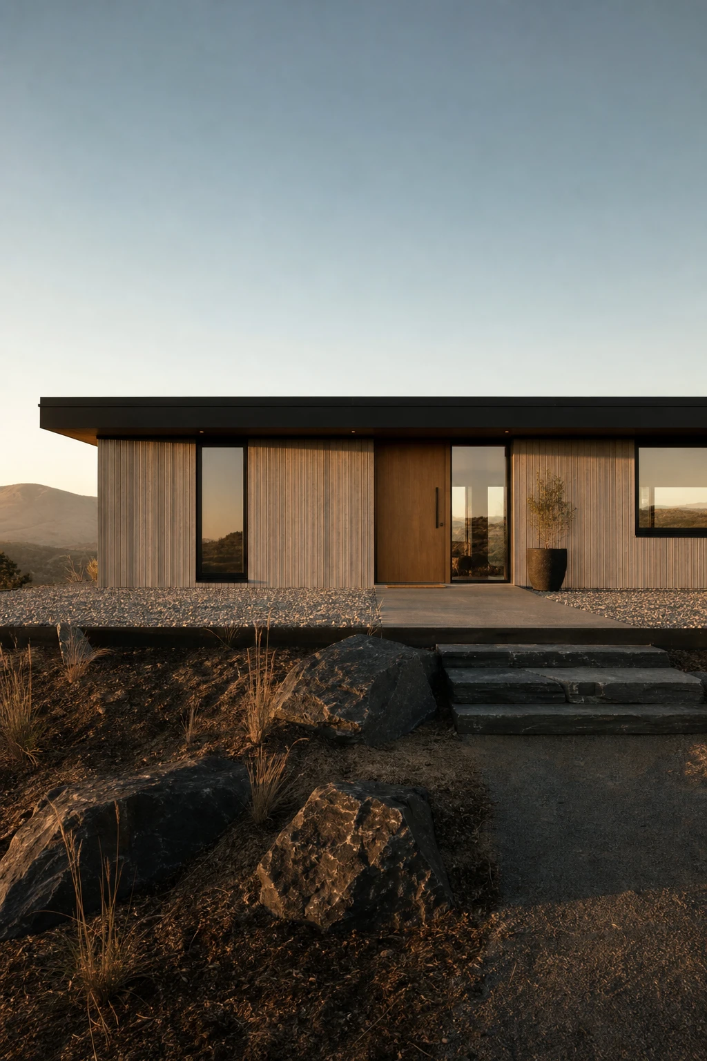 Black Modern Ranch Exterior with Scandi simplicity, wide low roofline, raw timber cladding, and Farrow & Ball Liquorice painted fascia at golden hour