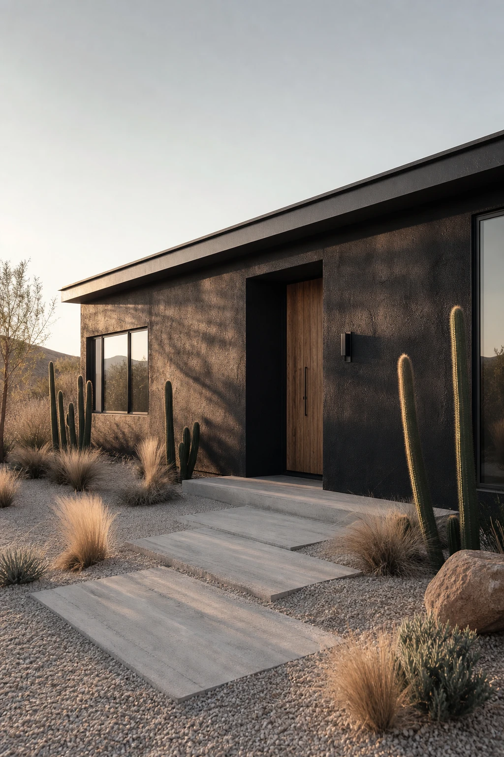 Black modern ranch exterior with smooth black stucco facade, wide low roofline, desert landscaping, and warm afternoon light casting soft shadows across the wall surface