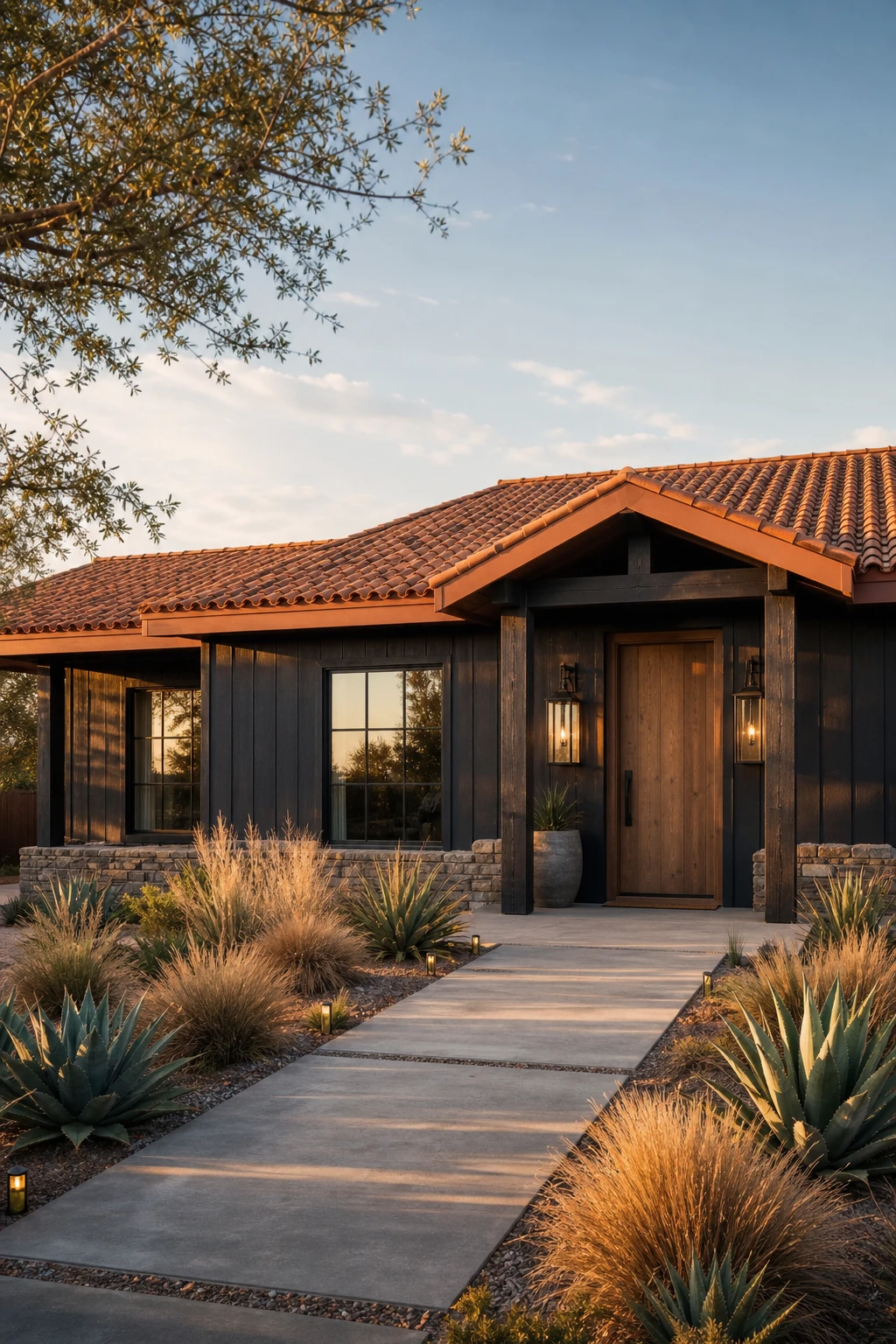 Black modern ranch exterior with terracotta clay tile roof as hero, paired with Farrow and Ball Faded Terracotta trim and earthy landscaping under warm afternoon light
