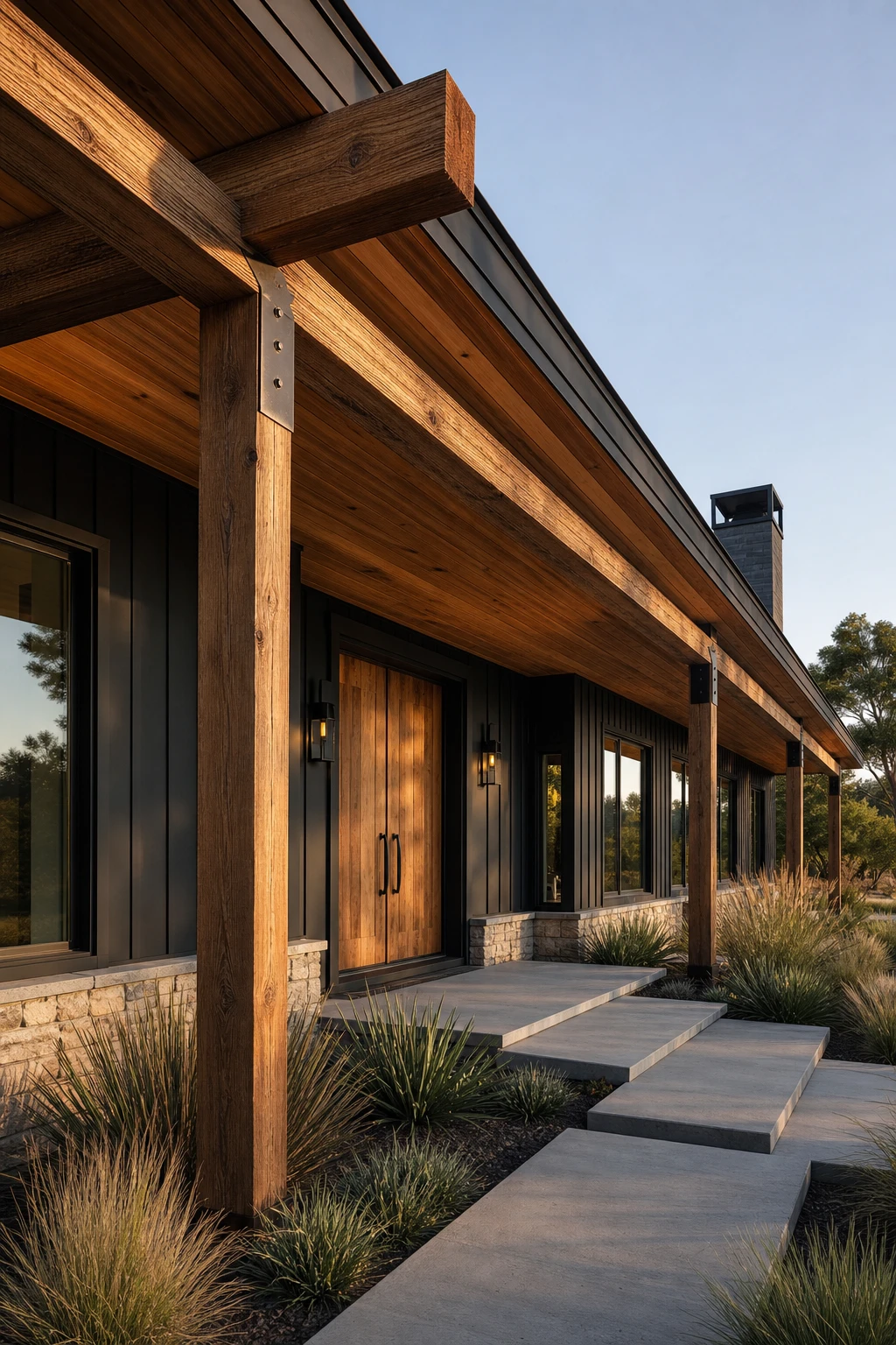 Black Modern Ranch exterior with warm wood contrast accents, cedar soffits and board and batten siding under golden hour side light, magazine quality architectural photography.