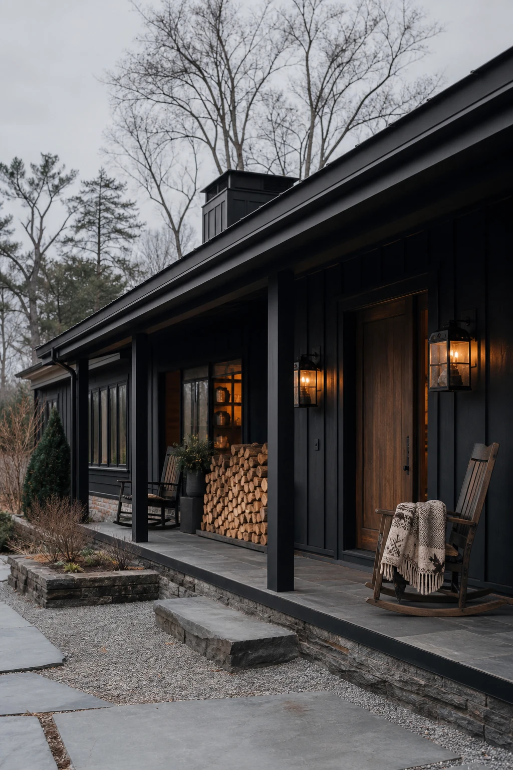 Black modern ranch exterior with winter cabin warmth, stacked firewood, cedar trim, lantern sconces, and deep roof overhang under soft grey winter light