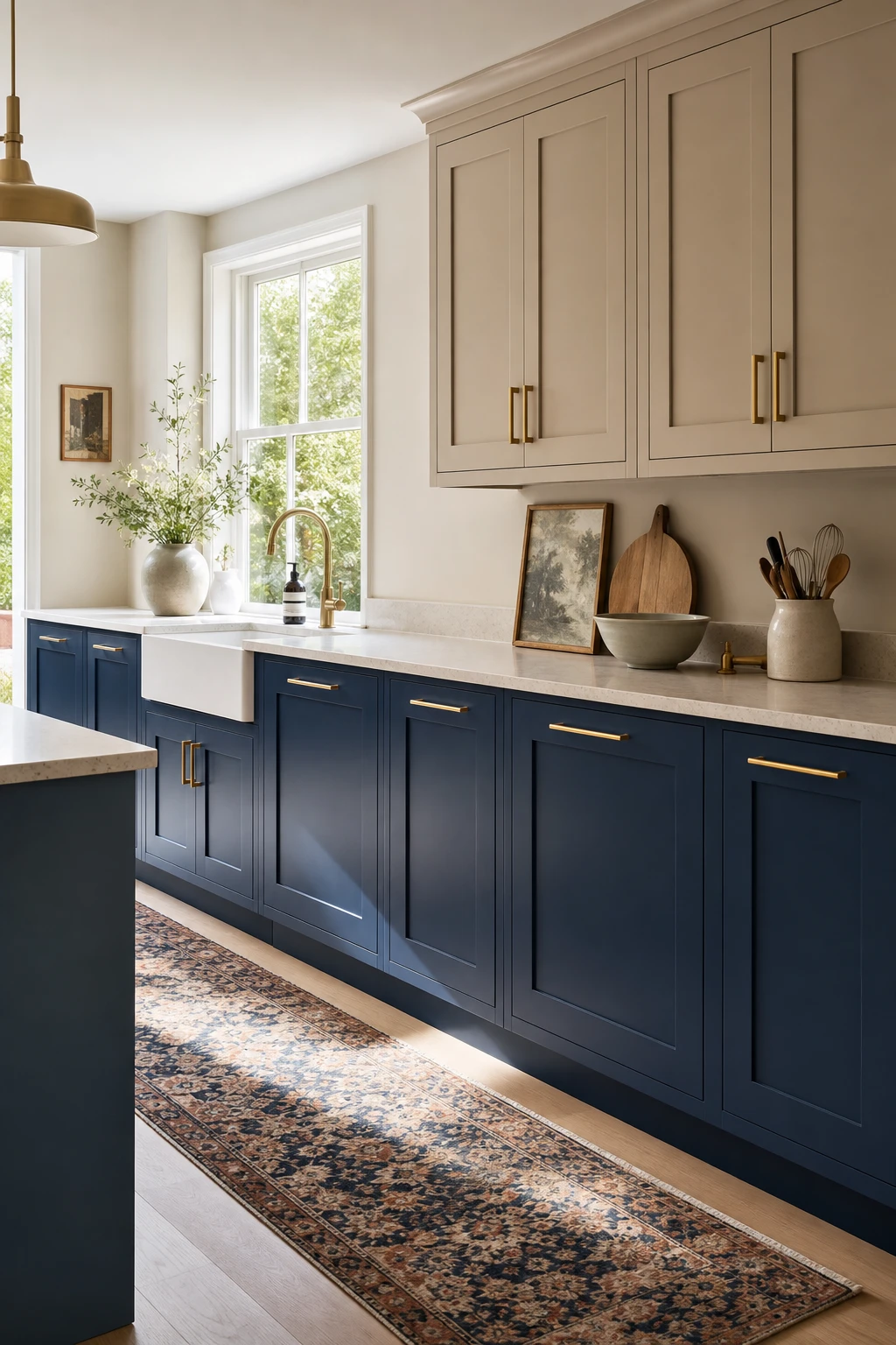 Blue and beige kitchen cabinets featuring blue laminate lower cabinets paired with beige upper cabinets, warm natural light, magazine quality interior photography