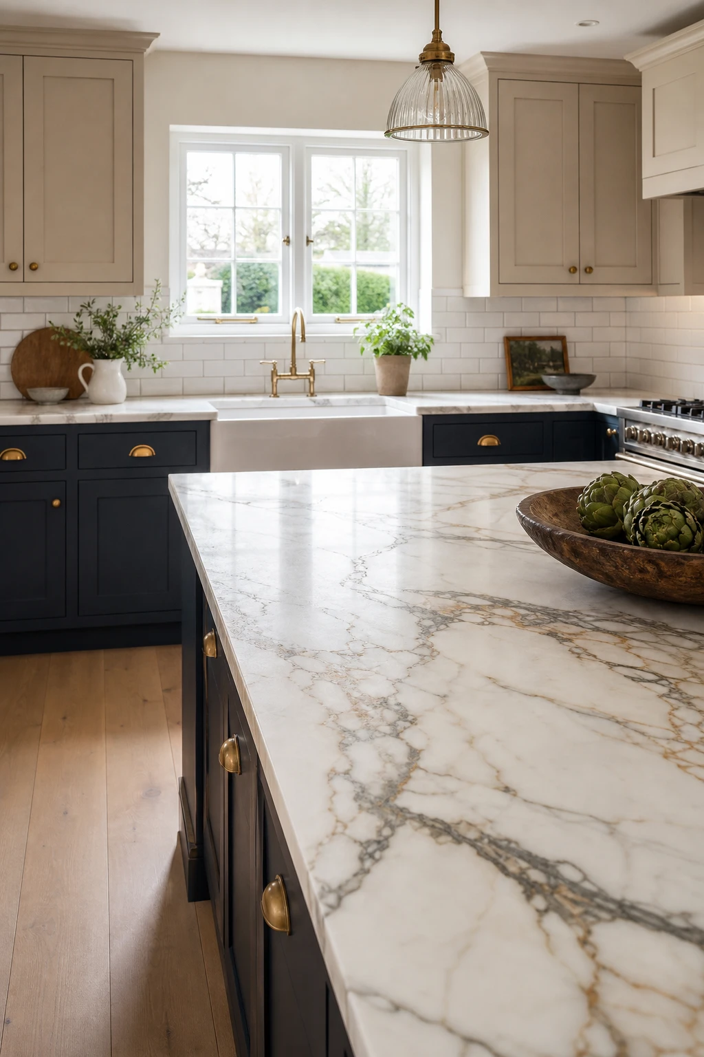 Blue and beige kitchen cabinets featuring navy lower cabinets with marble worktop, brass hardware, and subway tile splashback in Farrow and Ball Stiffkey Blue