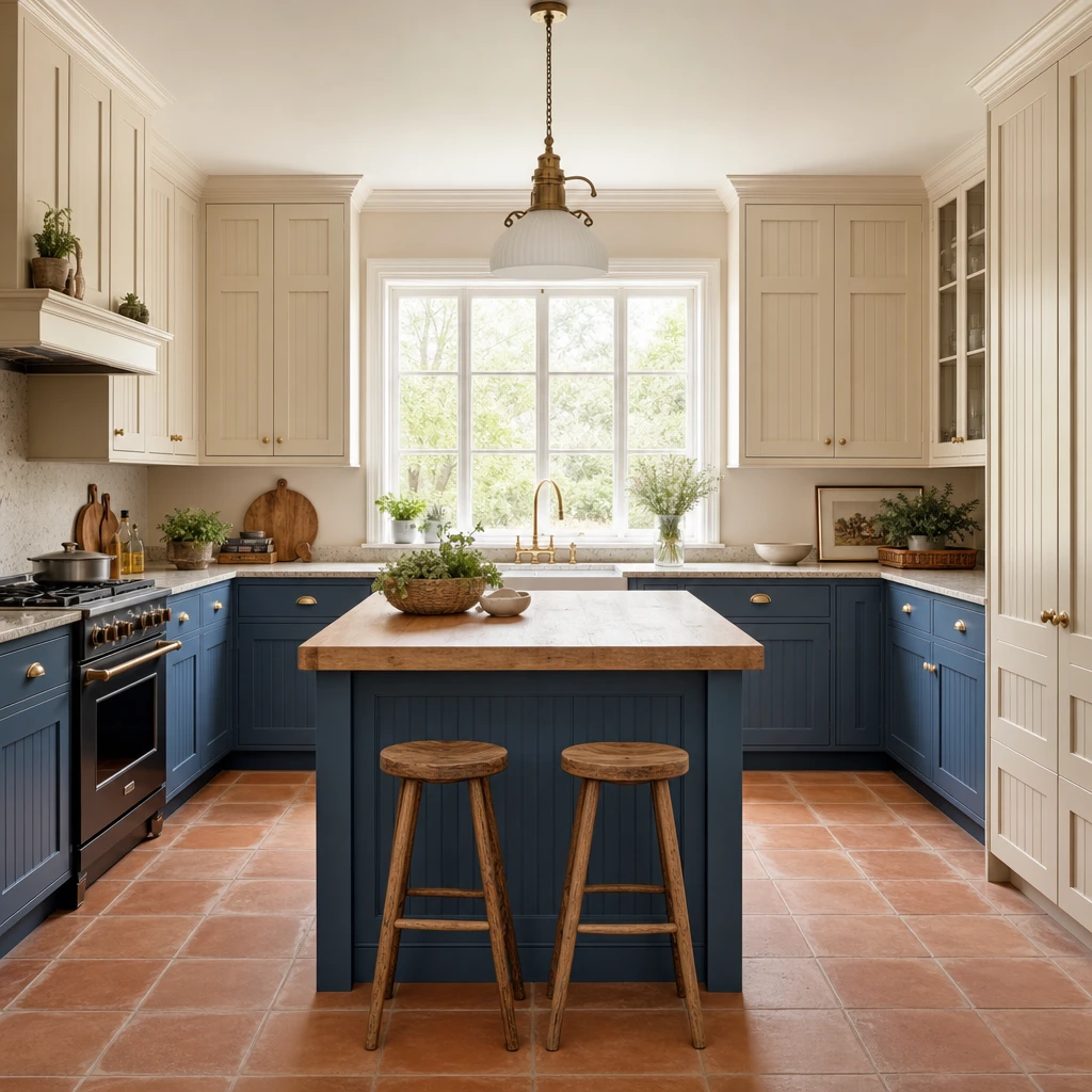 Blue and beige kitchen with navy lower cabinets, cream shaker uppers, a blue painted island, beige granite worktop, terracotta tile floor, and brass hardware in warm late morning light.