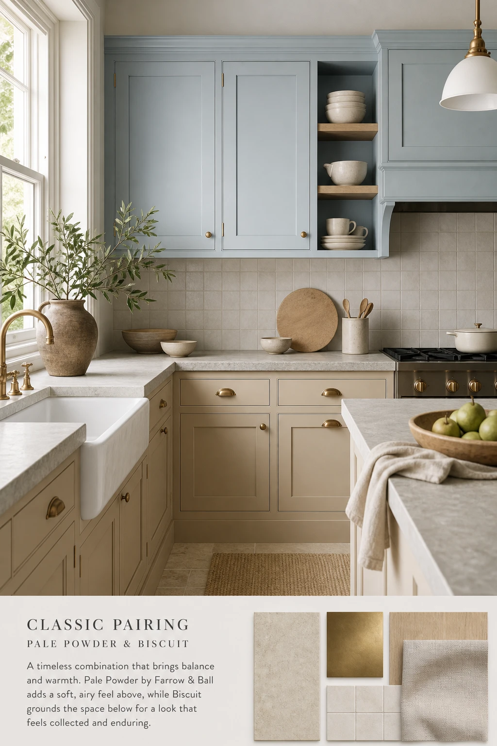 Blue and beige kitchen cabinets in a calm classic pairing with Farrow and Ball Pale Powder upper cabinets and warm beige lowers under natural morning light