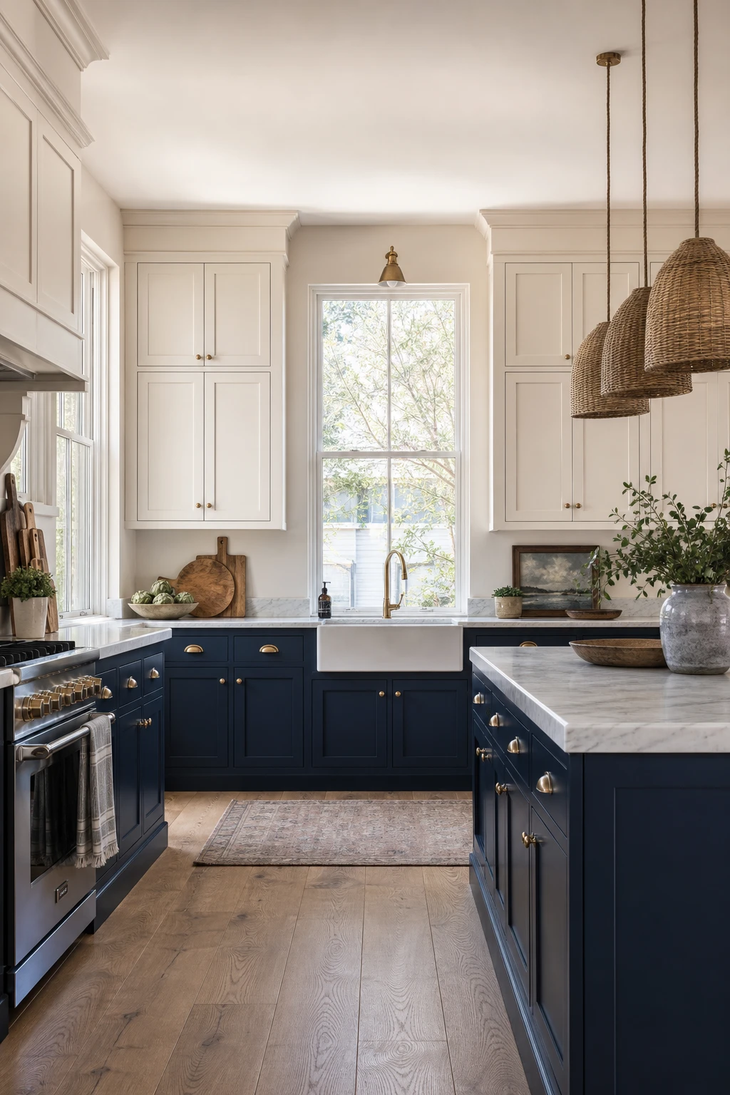 Blue and beige kitchen cabinets in a two tone split with navy lower cabinets and cream upper cabinets, warm natural light, marble countertop