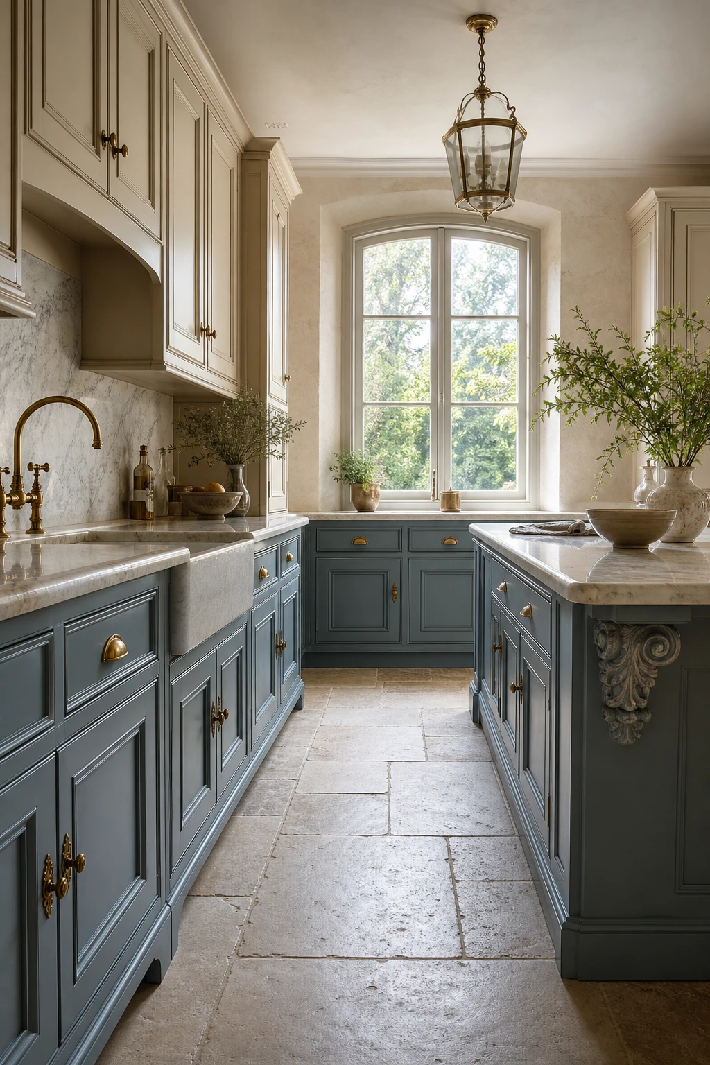 Blue and beige kitchen cabinets in French provincial style with ornate door profiles painted Farrow and Ball De Nimes blue and warm beige linen upper cabinets