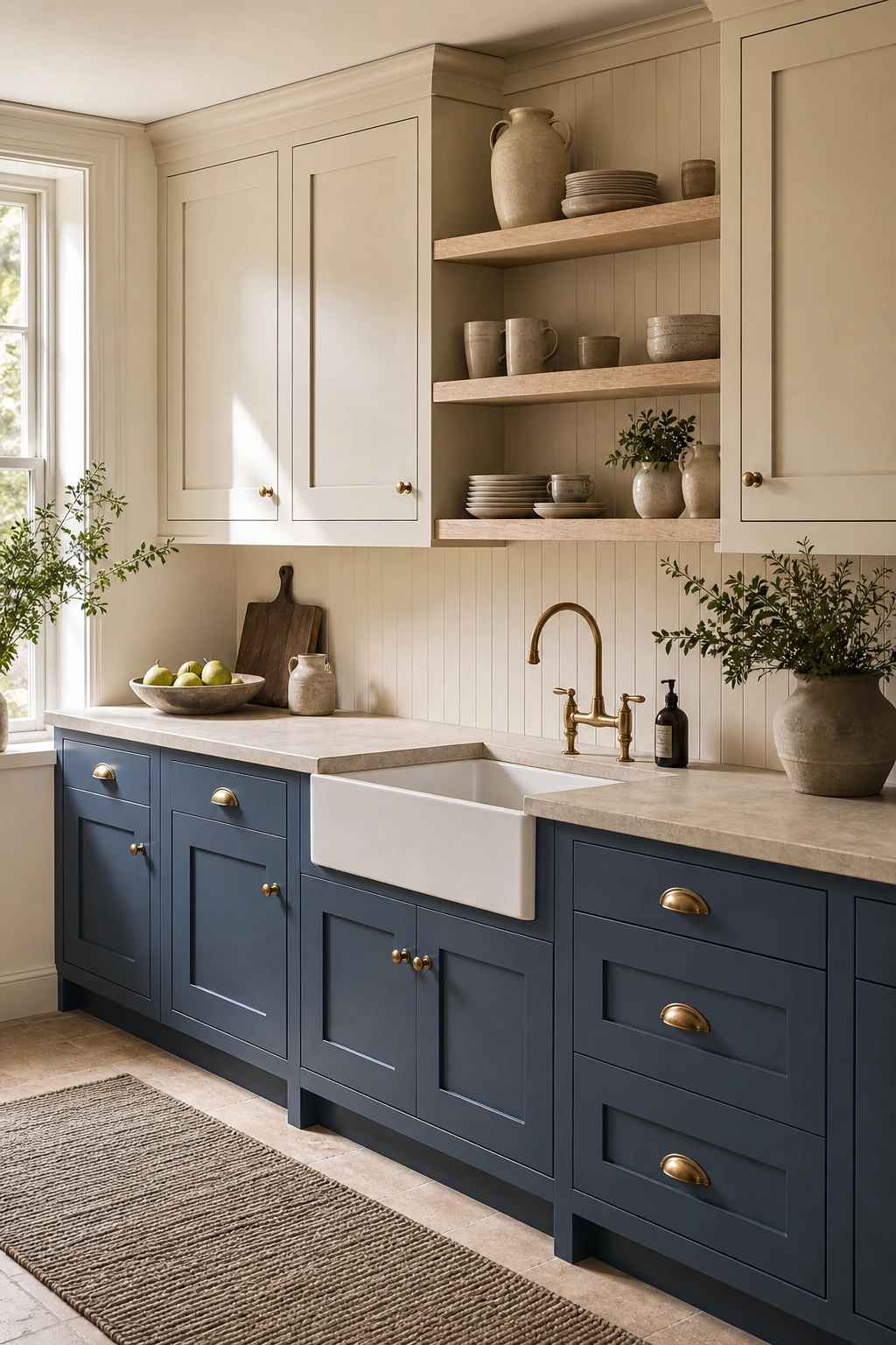 Blue and beige kitchen cabinets in painted shaker style with Oval Room Blue lowers, beige uppers, brass hardware, and stone countertops in warm natural light
