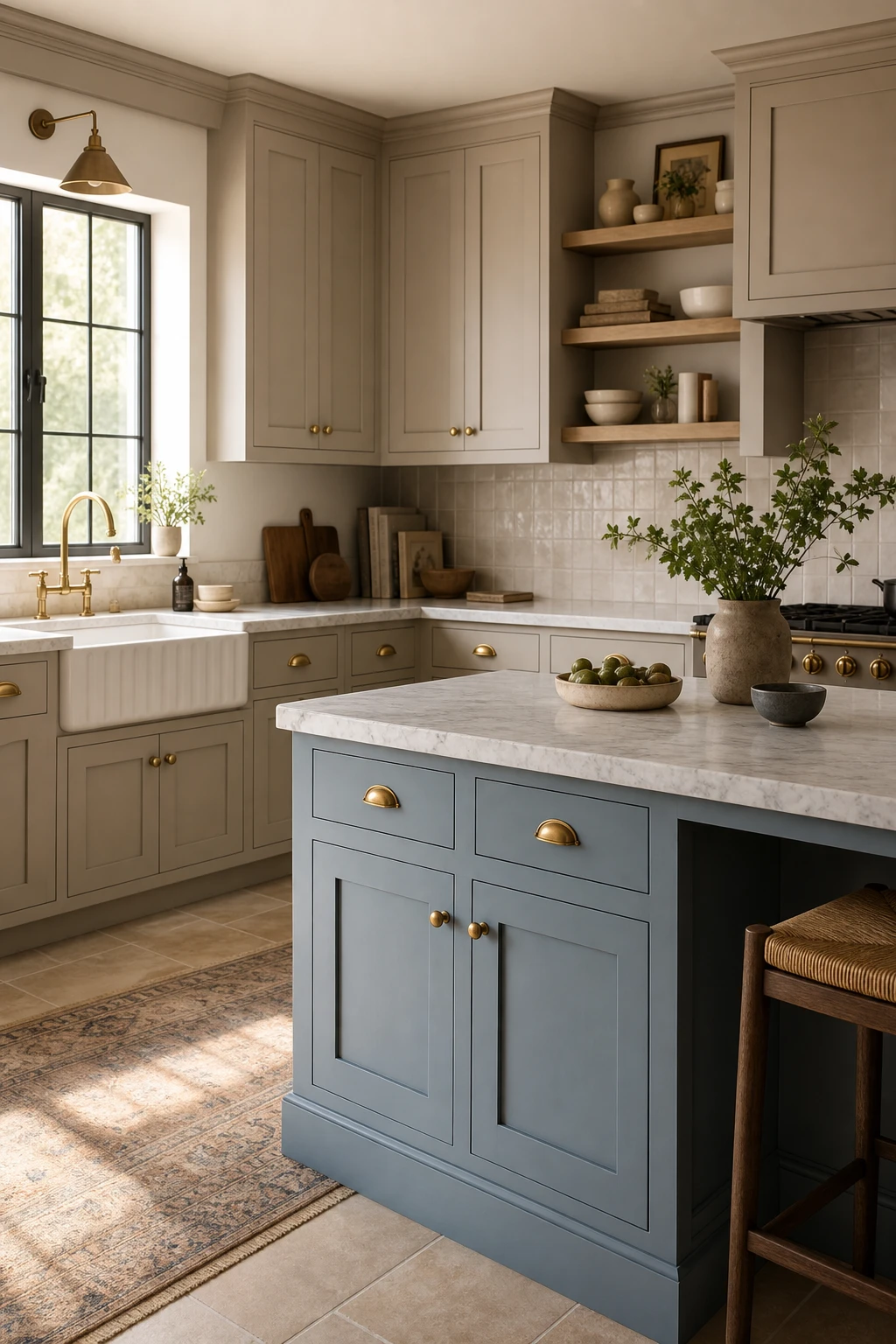 Blue and beige kitchen cabinets in taupe and soft blue, with marble countertops, brass hardware, and shaker doors under warm morning light