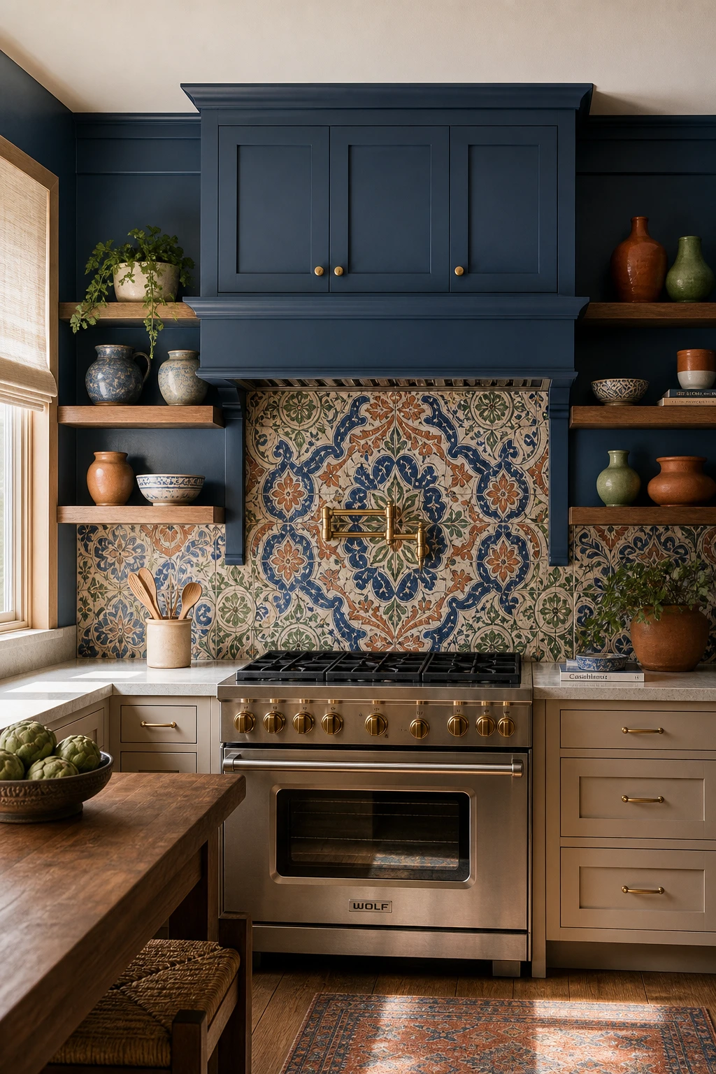Blue and beige kitchen cabinets with a colourful tile backsplash as the hero feature, natural light, Farrow and Ball Ballroom Blue painted uppers