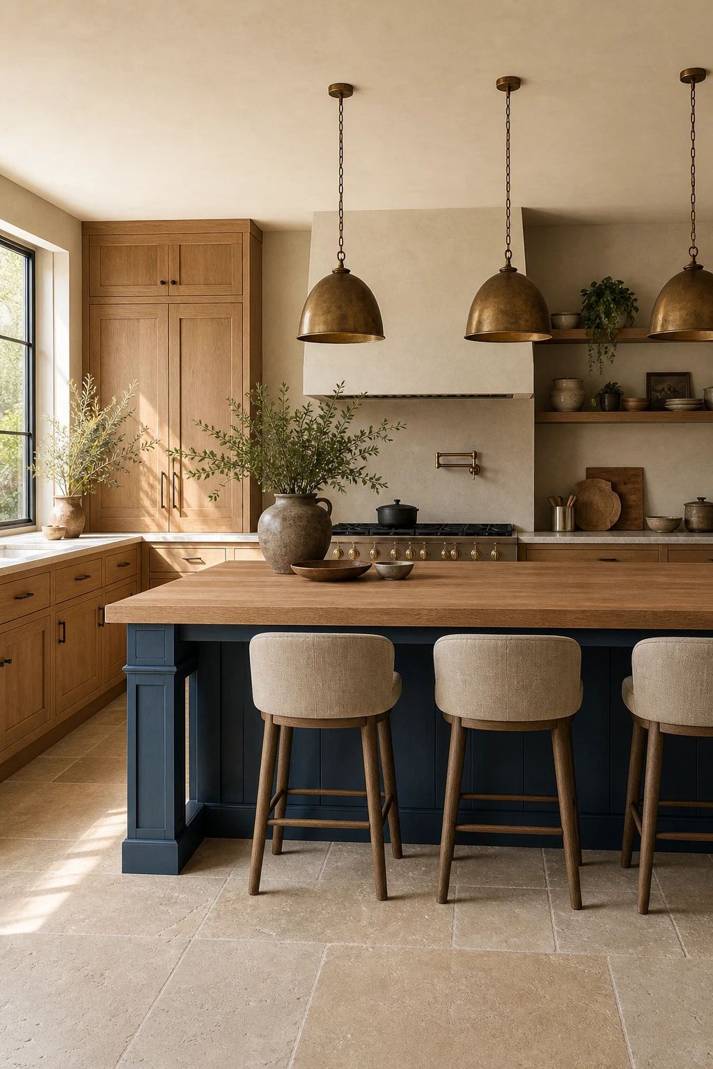 Blue and beige kitchen cabinets with a natural wood perimeter and a Cook's Blue painted island as the centrepiece under pendant lighting