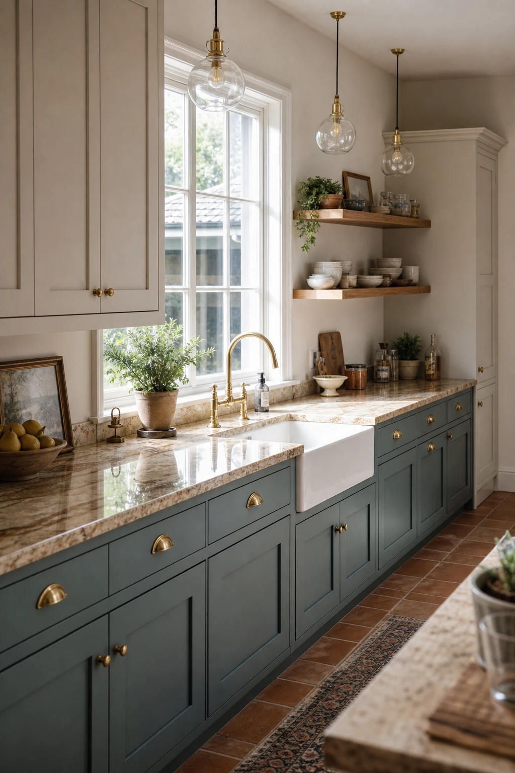 Blue and beige kitchen cabinets with beige granite worktop as hero, natural light, Farrow and Ball Selvedge painted lower cabinets