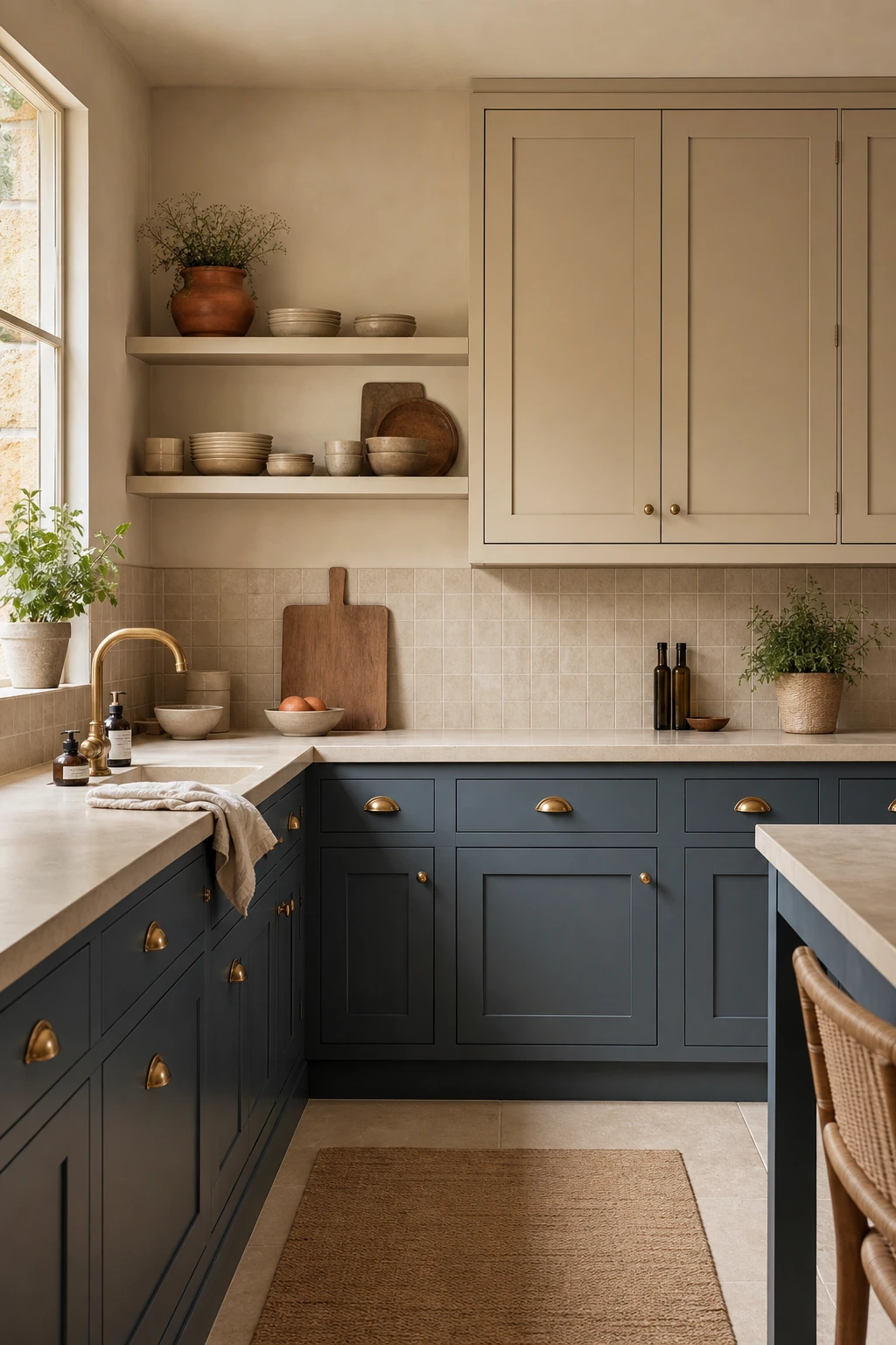 Blue and beige kitchen cabinets with blue grey lower cabinets painted Farrow and Ball Lulworth Blue, warm beige uppers, brass hardware, stone countertop, natural morning light