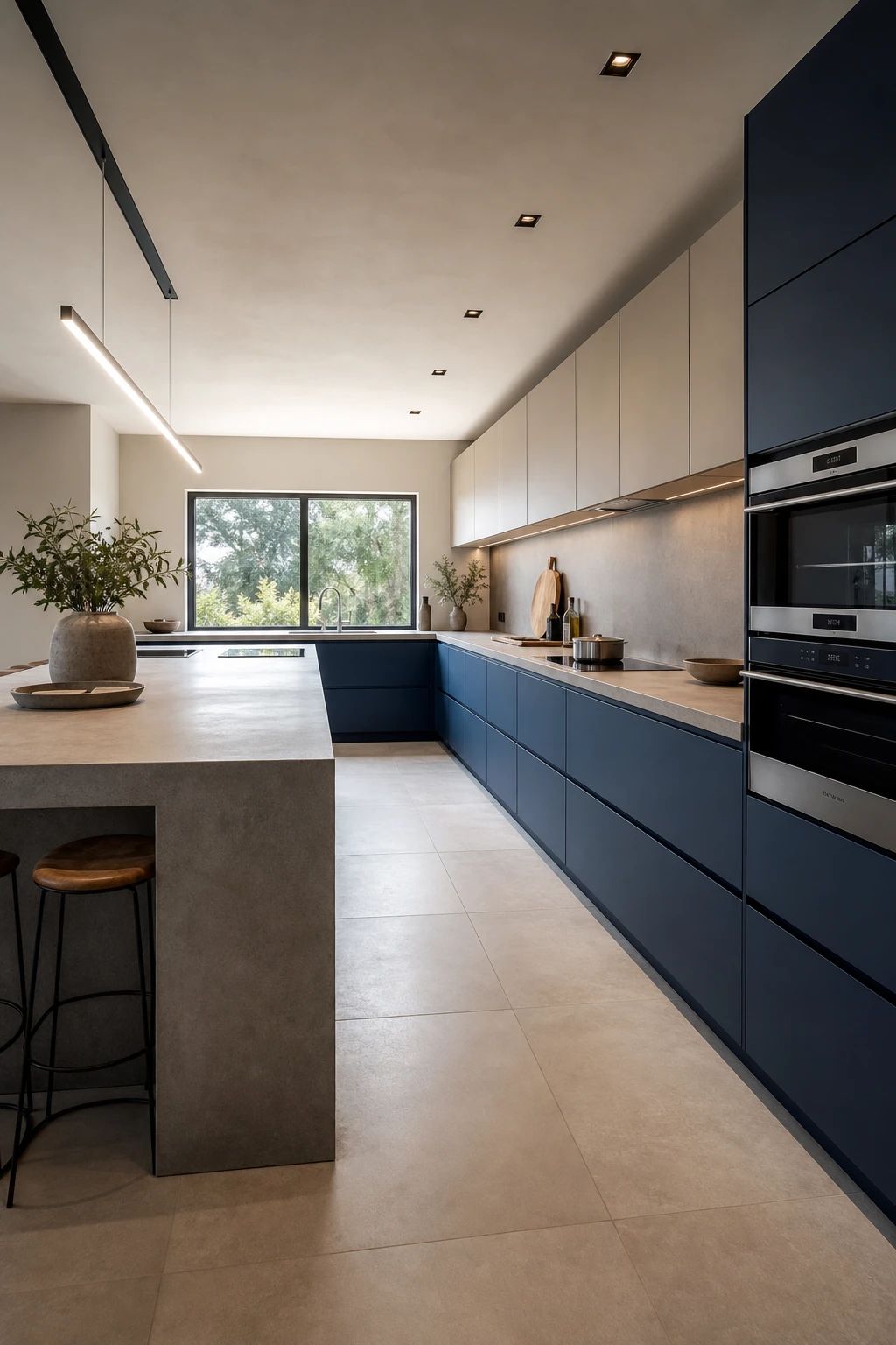 Blue and beige kitchen cabinets with handleless modern blue cabinetry as hero, clean lines, integrated appliances, and calm neutral tones throughout