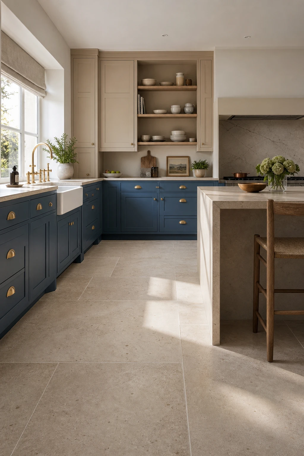 Blue and beige kitchen cabinets with limestone floor as hero, natural light, Farrow and Ball Ancona Blue lower cabinets and beige uppers