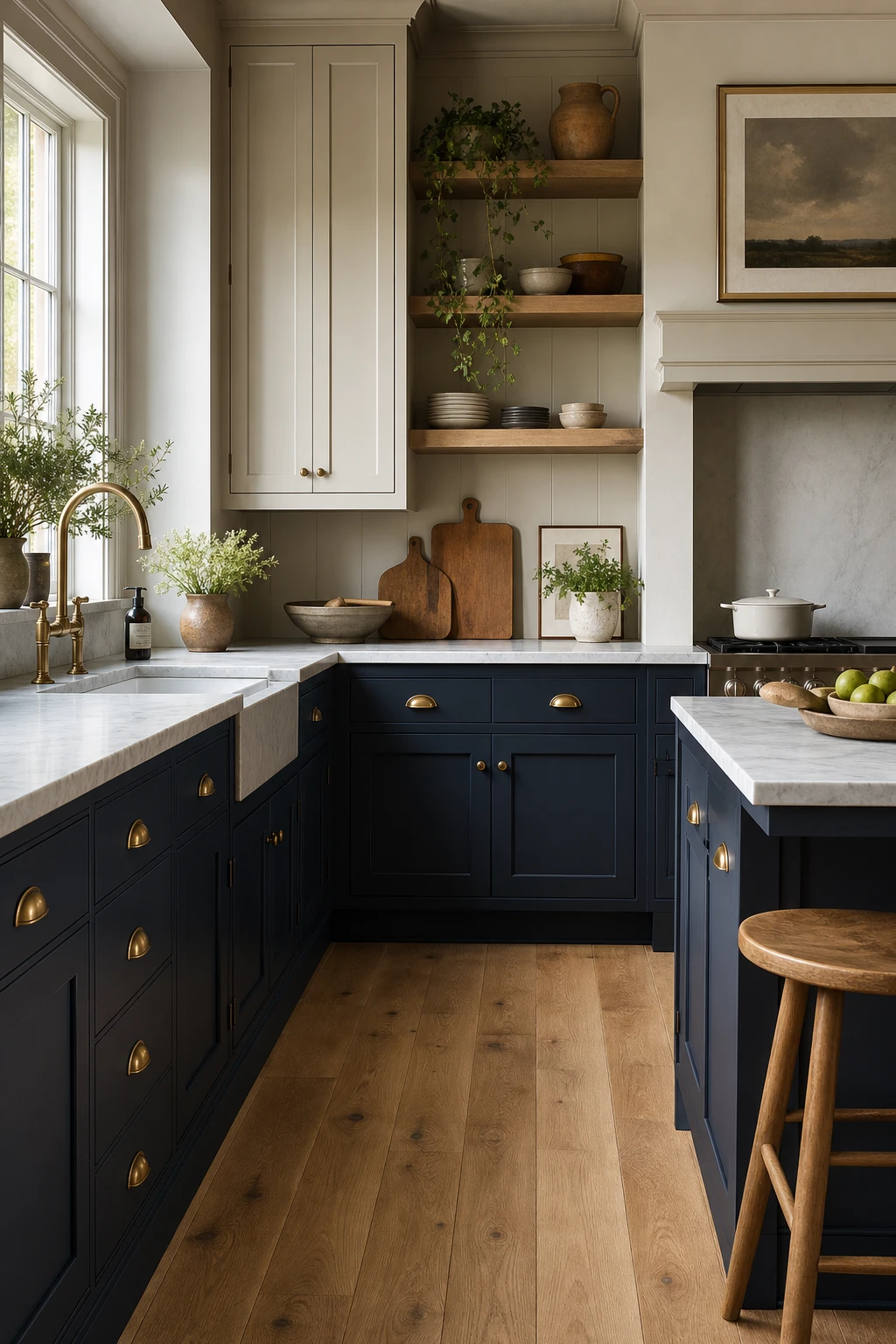 Blue and beige kitchen cabinets with navy lower cabinets painted Farrow and Ball Hague Blue, warm beige uppers, brass hardware, and marble countertops in natural light