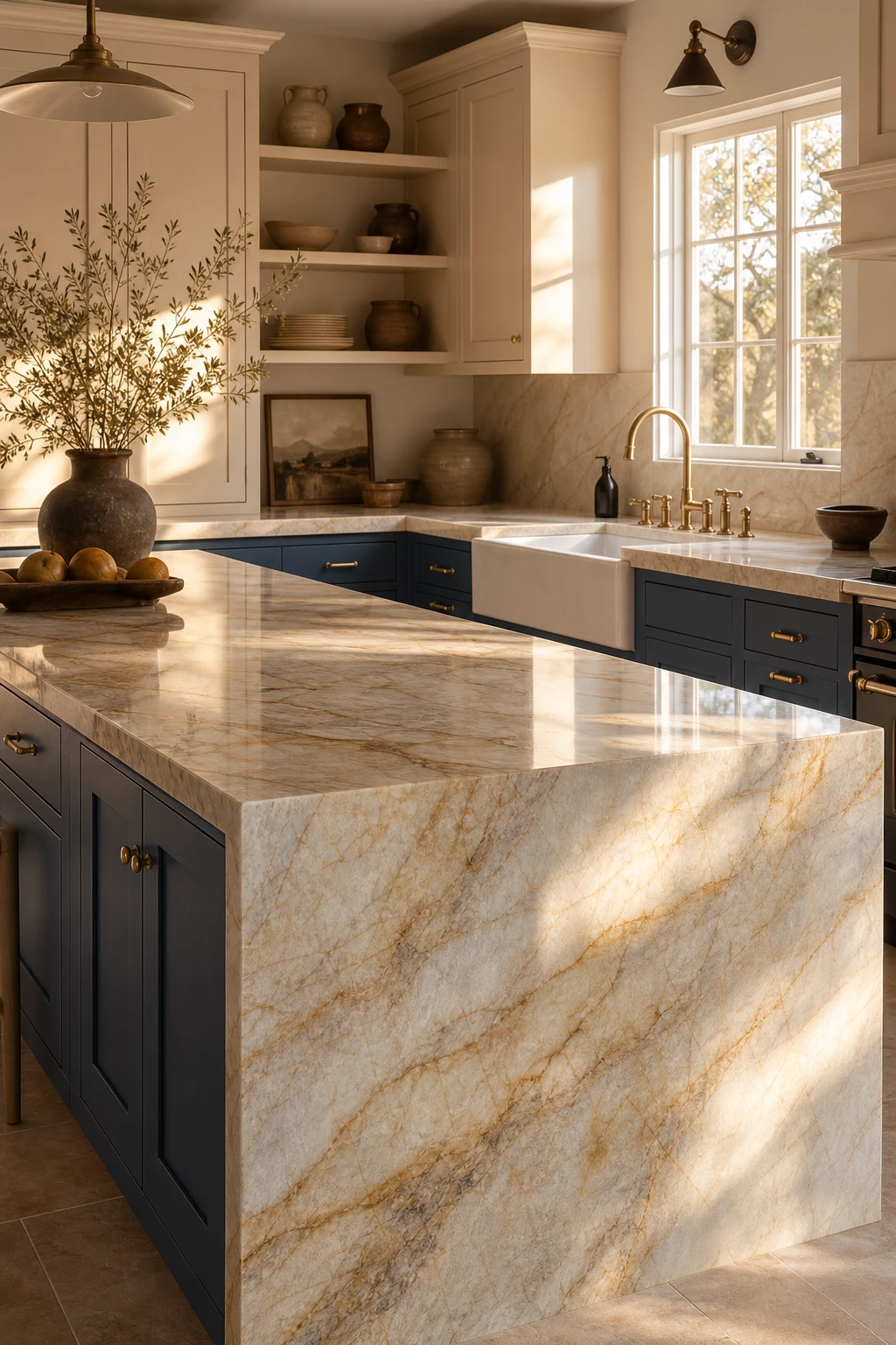 Blue and beige kitchen cabinets with Taj Mahal quartzite countertops as the hero, warm golden veining softening deep blue lower cabinets