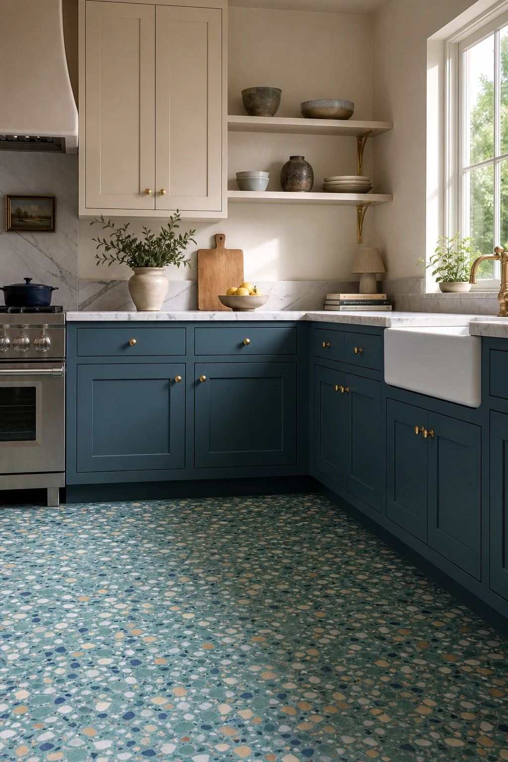 Blue and beige kitchen cabinets with teal terrazzo floor tiles, featuring Farrow and Ball Vardo painted lower cabinets and warm natural light