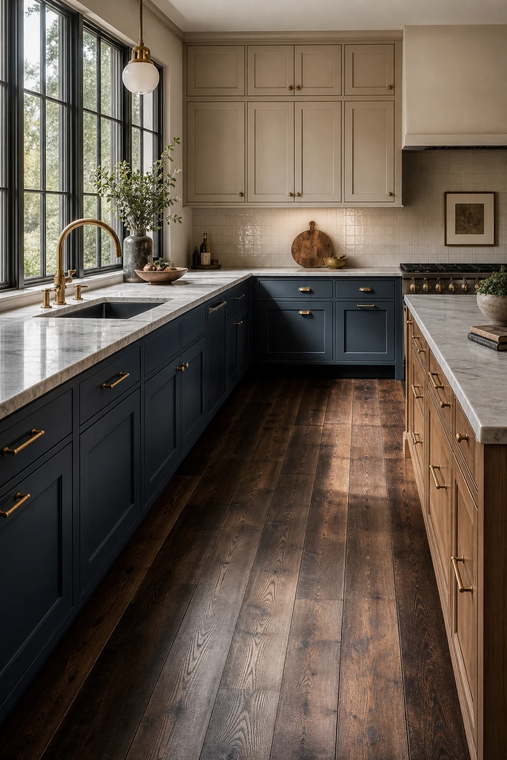 Blue and beige kitchen with dark floor contrast, blue lower cabinets in Farrow and Ball Sloe Blue, warm beige uppers, and deep espresso hardwood flooring